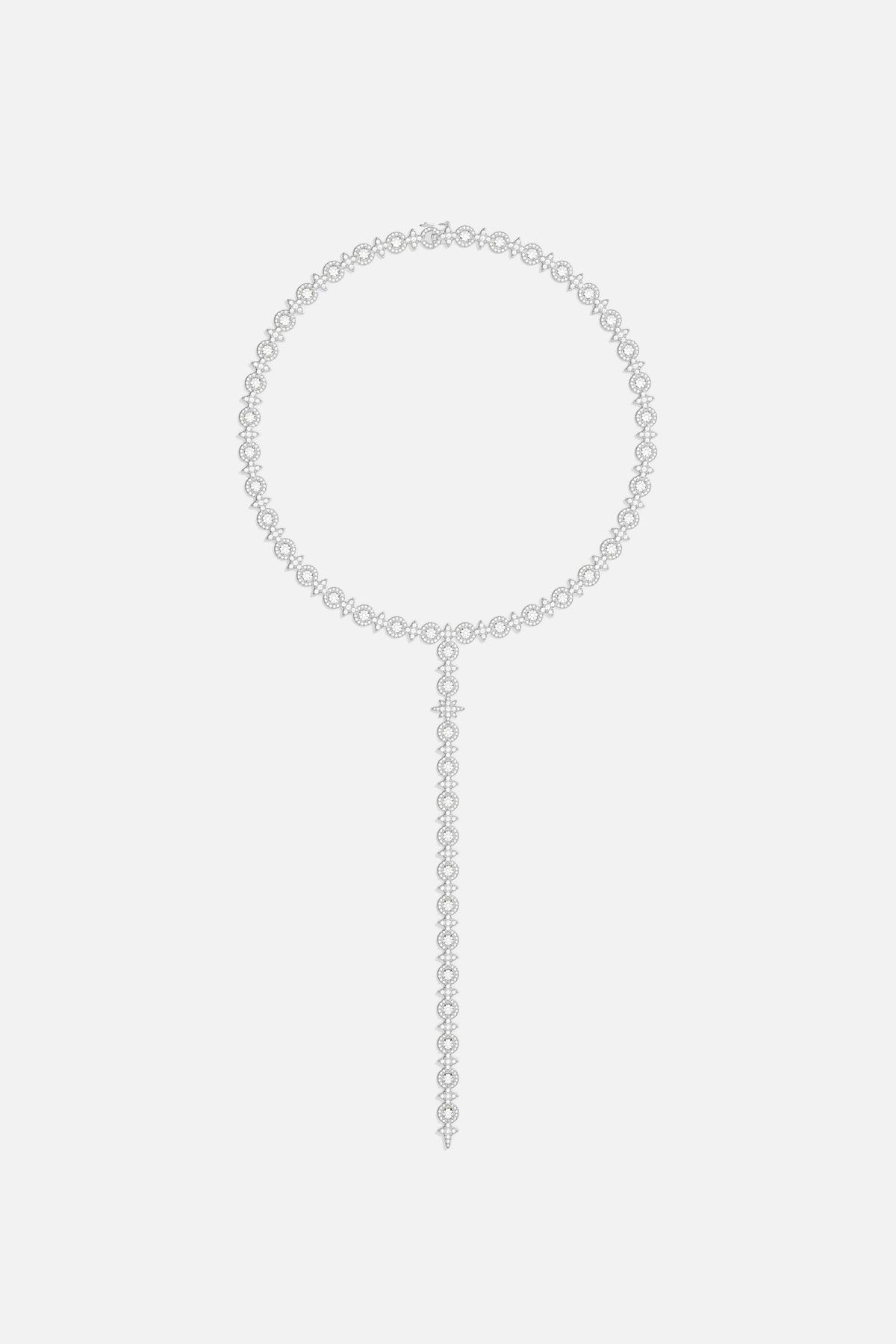 APM Lariat Necklace, a cascading line of light in rhodium finish brilliance.