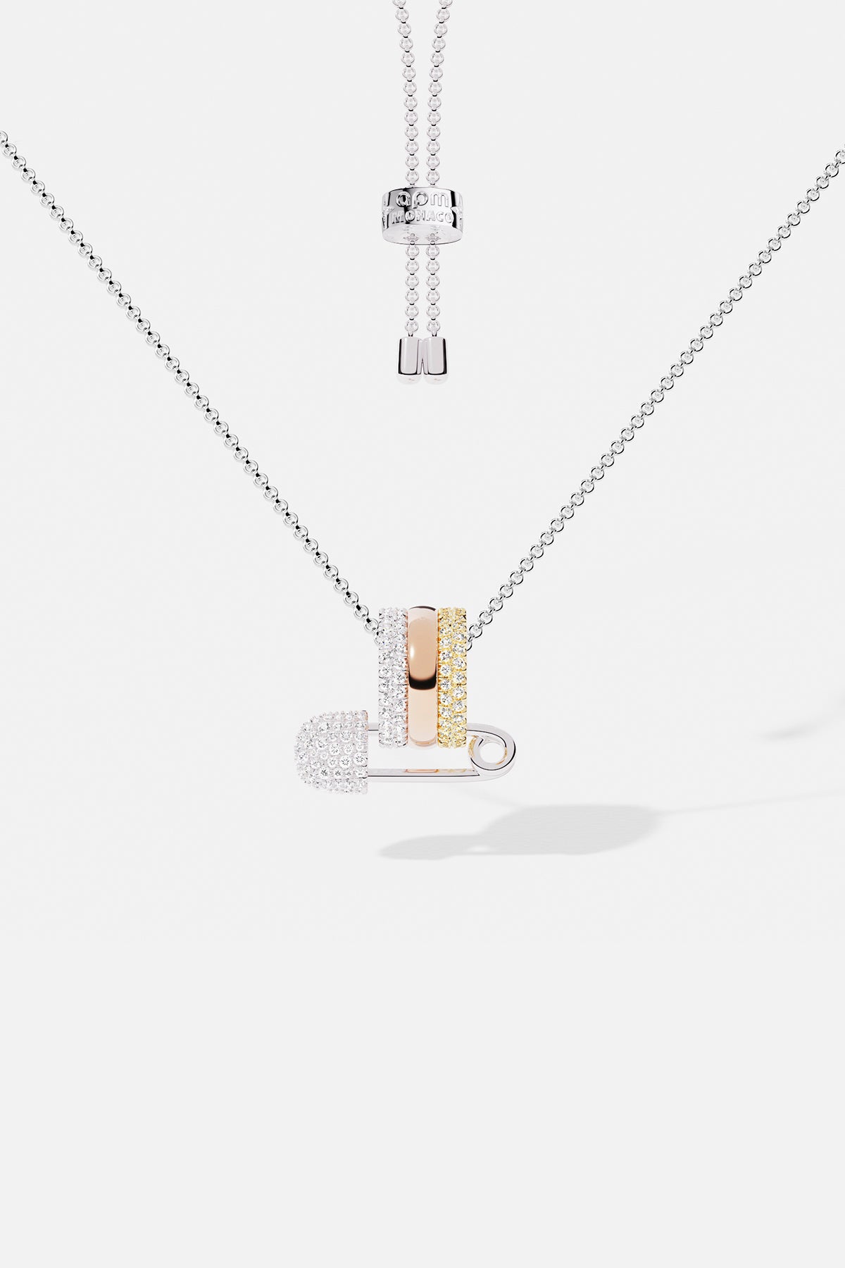 APM Necklace, a playful pin charm in tri-color brilliance, effortlessly chic.