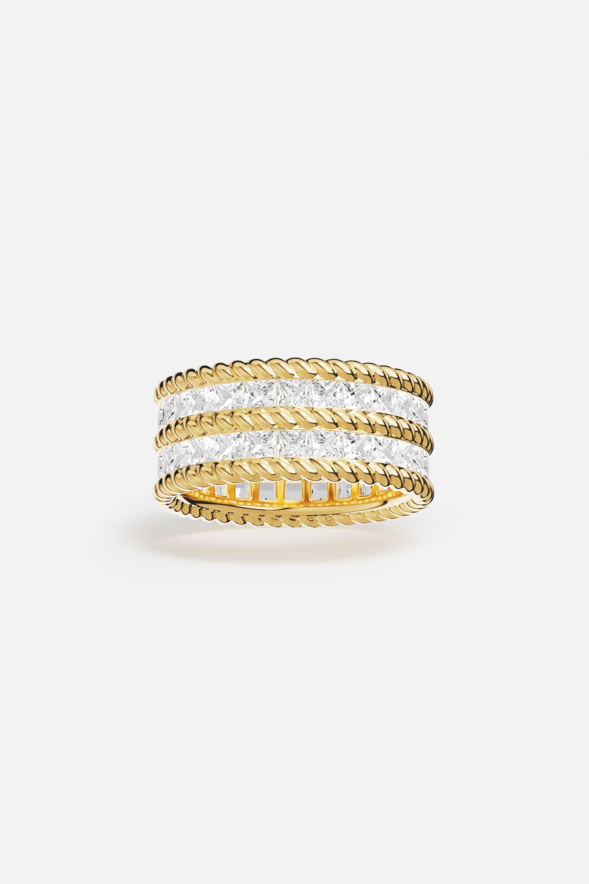 APM Ring, twisted golden lines and crystal brilliance, quietly bold elegance.
