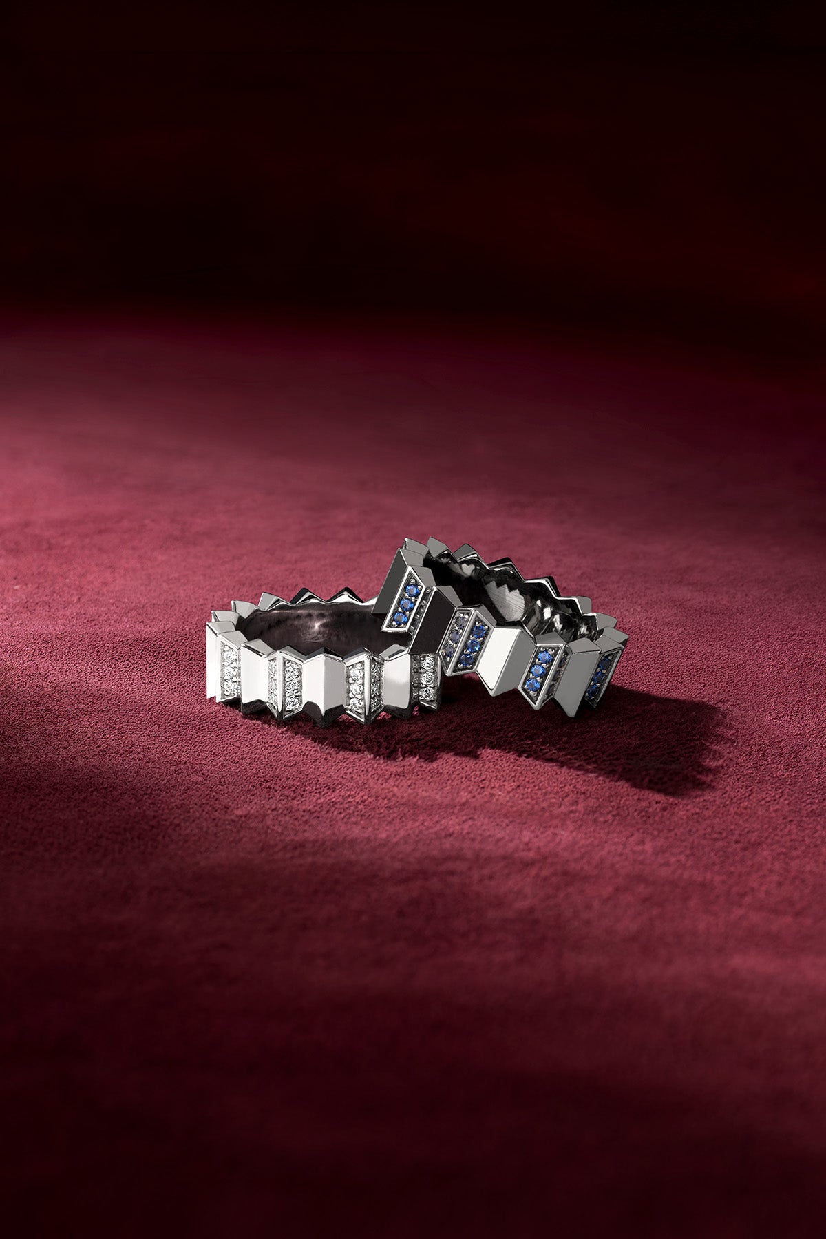 APM Rings in rhodium finish, architectural rhythm meets a bold, modern edge.