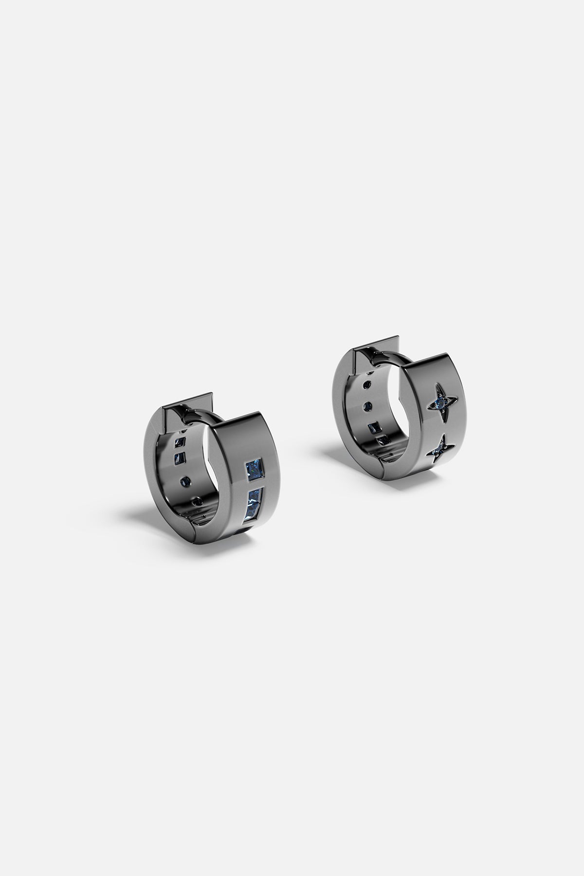 APM Hoop Earrings in dark rhodium finish, midnight blue stones twinkling like stars.