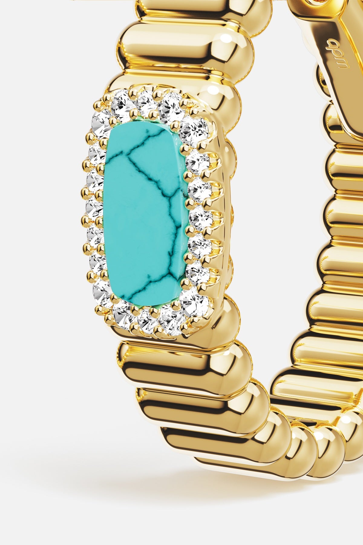 APM Hoop Earrings in golden ridges, cradling a turquoise glow with quiet radiance.