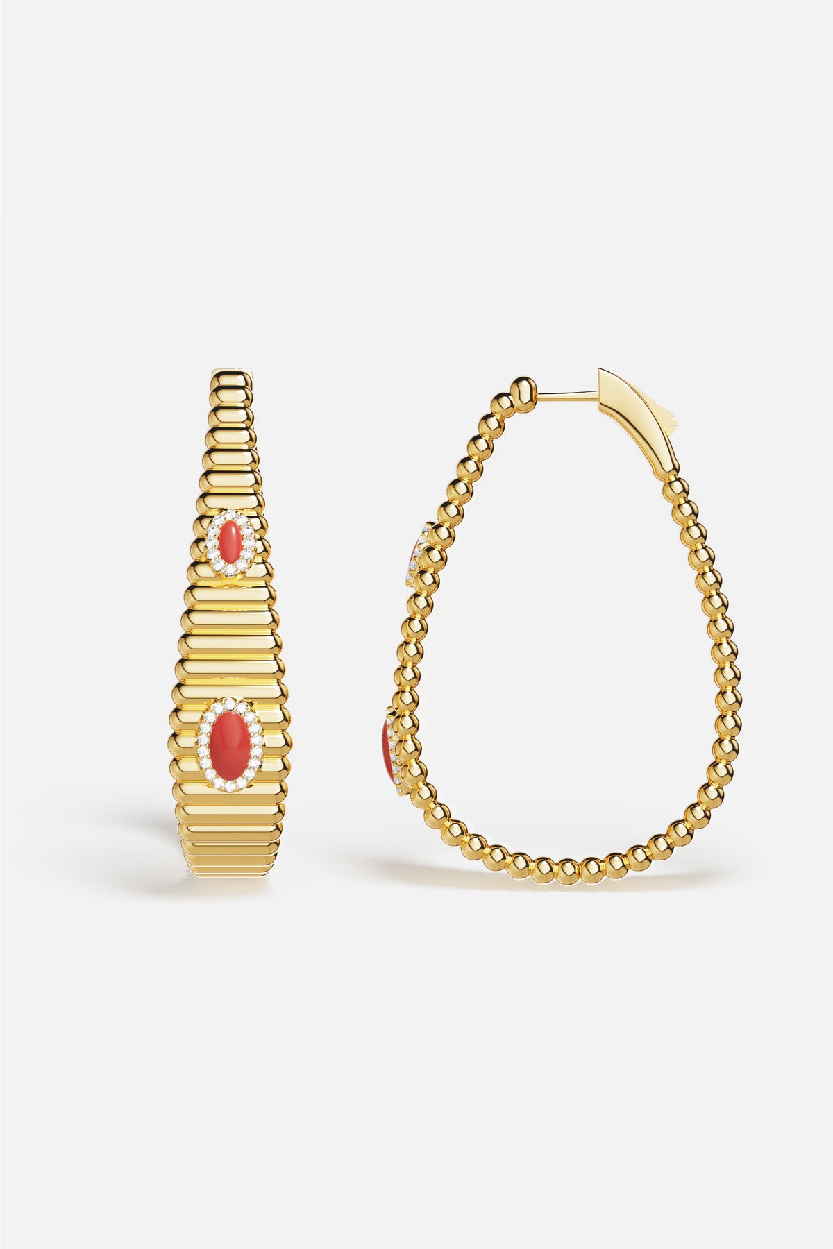 APM Hoop Earrings in gold color, kissed with coral red allure.