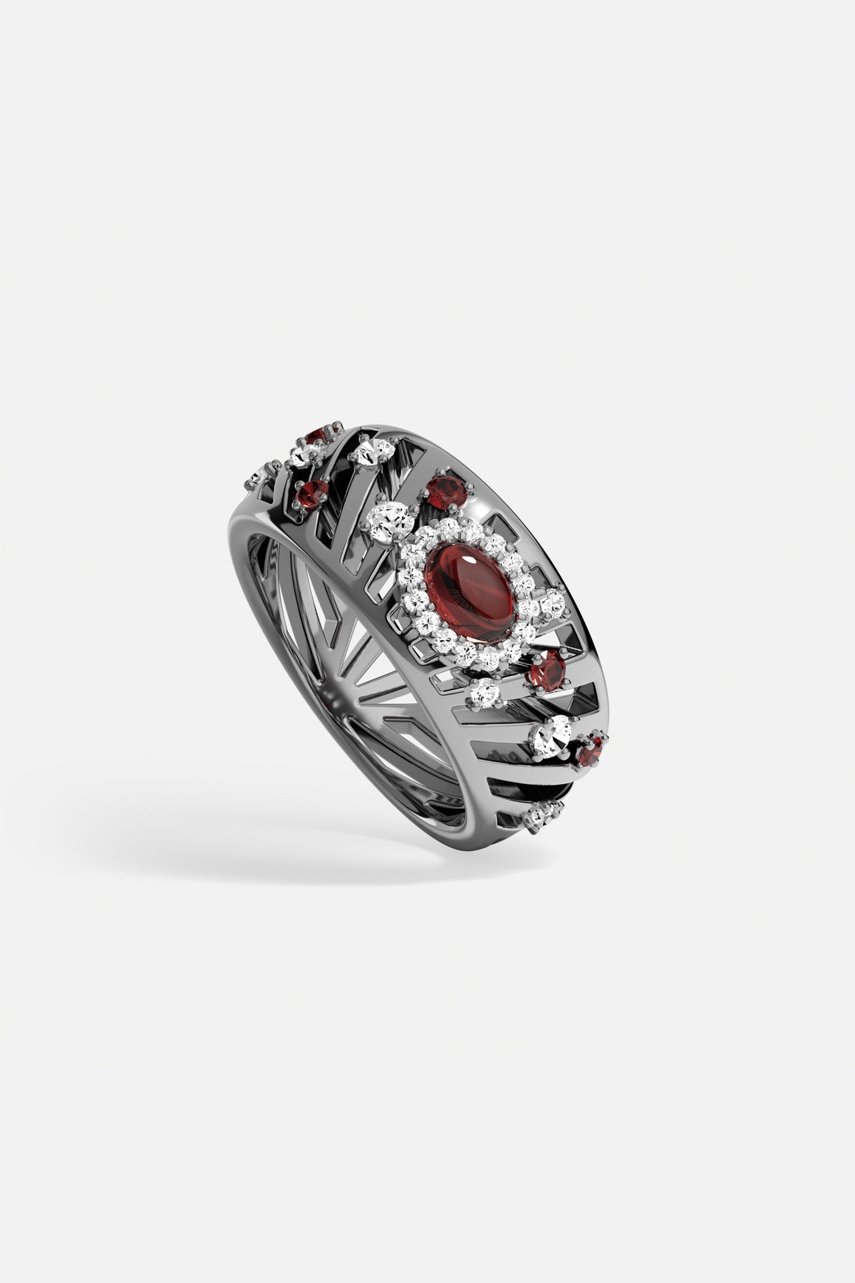 APM Ring in rhodium finish, deep red glow and radiant sparkle, boldly romantic.