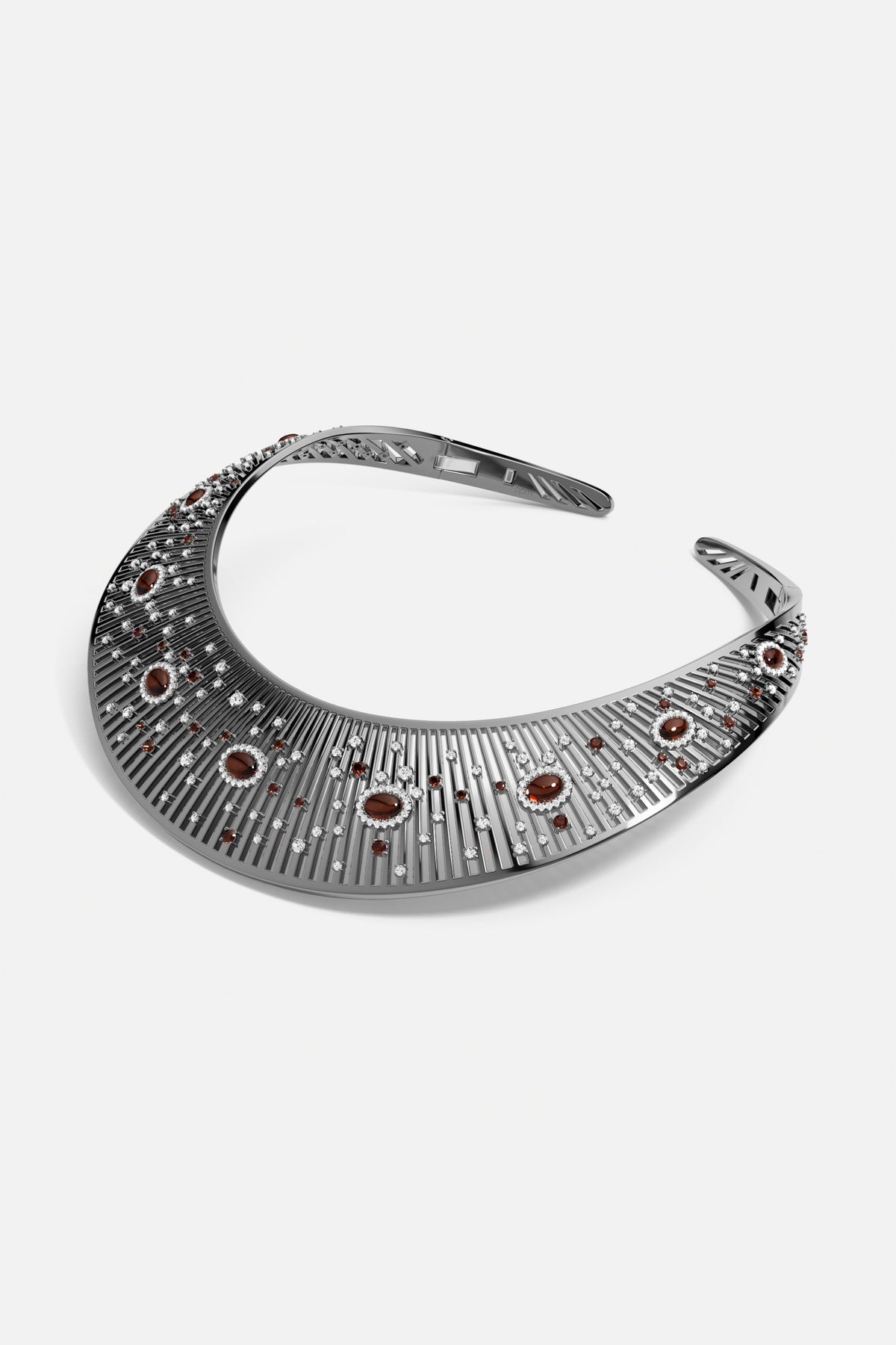 APM Collar Necklace in rhodium finish, a bold celestial statement glowing with deep amber hues.