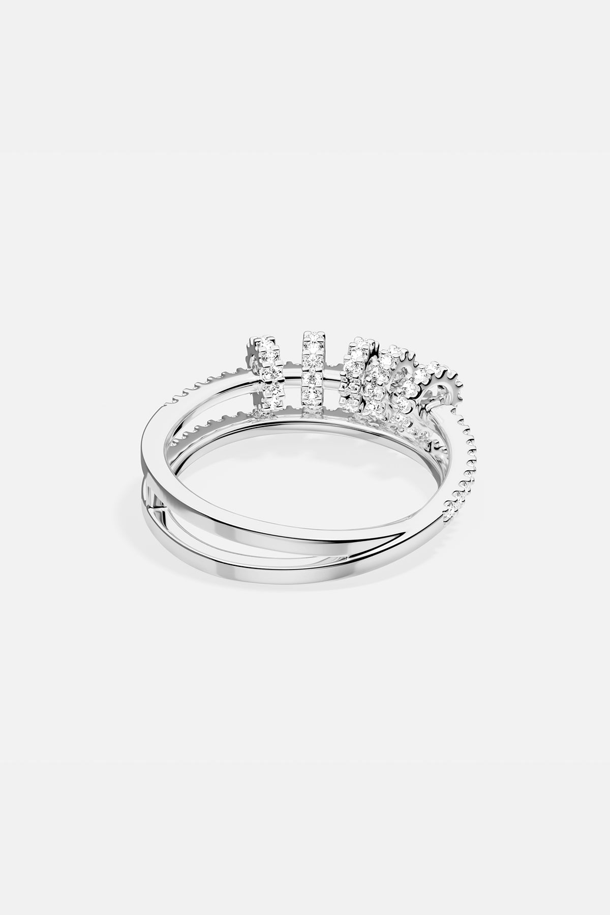 APM Monaco white gold double-ring with sliding hoops and pavé stones.