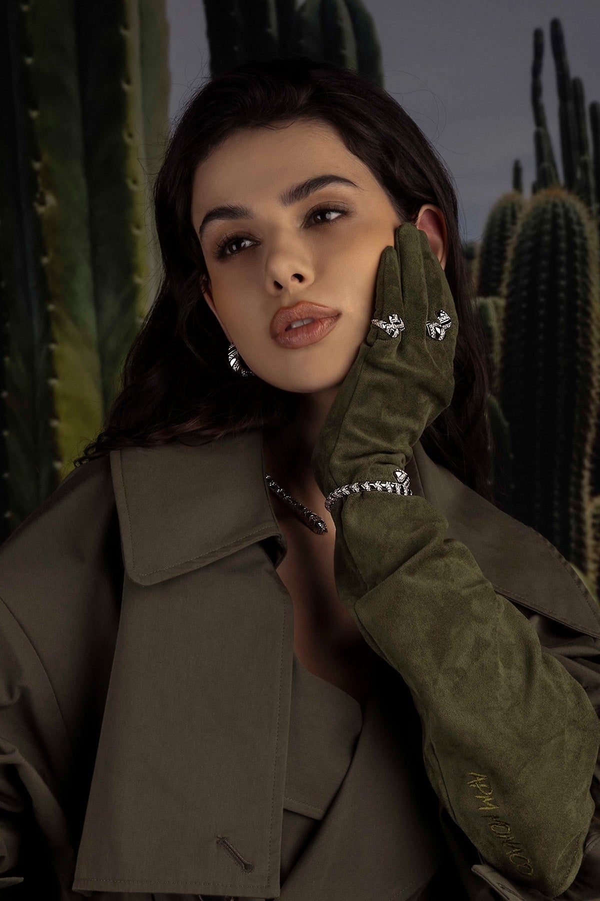 Woman wearing jewelry with a cactus background