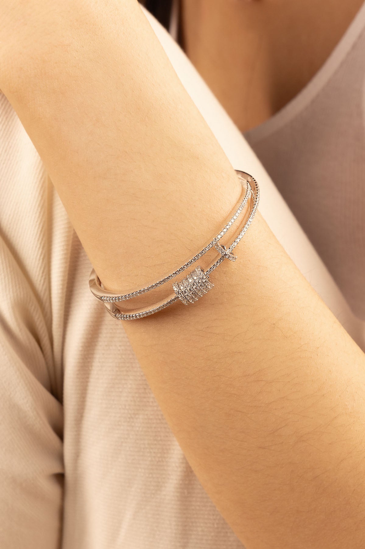 APM Monaco Cuff with Sliding Rings in Silver worn on hand