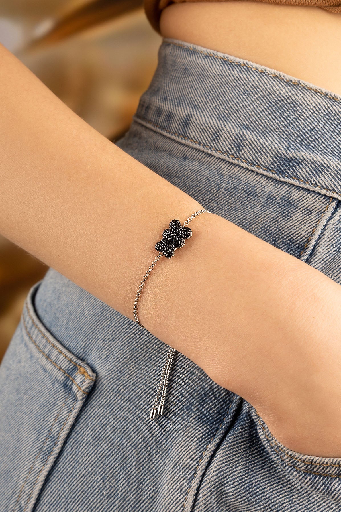 APM Monaco Baby Mood Yummy Bear Adjustable Bracelet in SIlver worn on hand