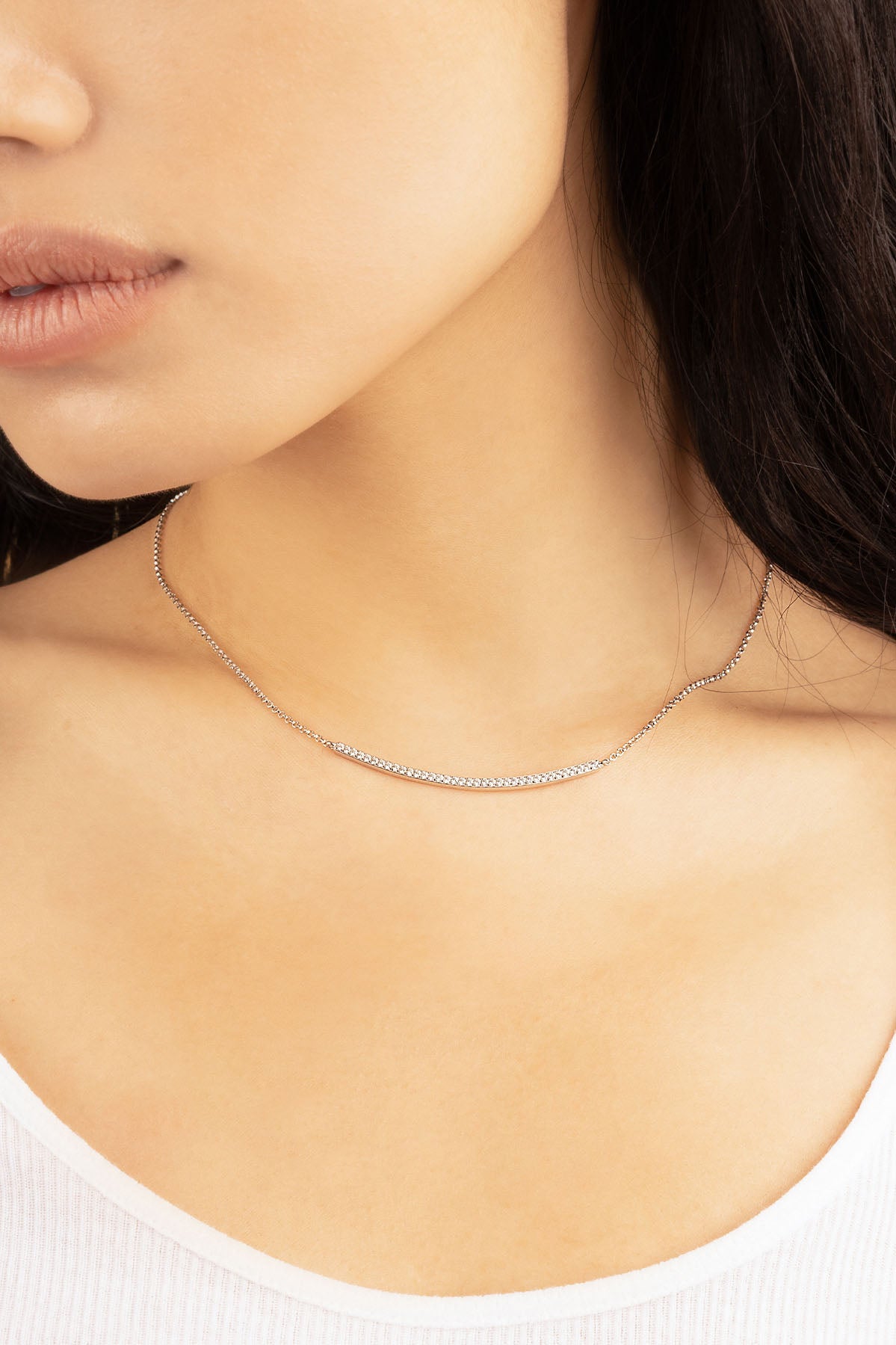 APM Monaco Adjustable Necklace with Paved Arched Pendant in Silver worn on neck