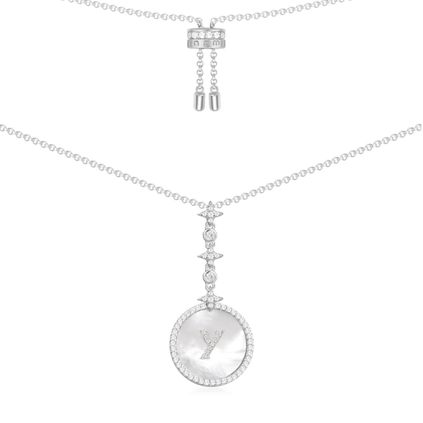 Necklaces APM Monaco: white circular pendant with a Y centerpiece, encircled by a gem-studded ring on a chain.