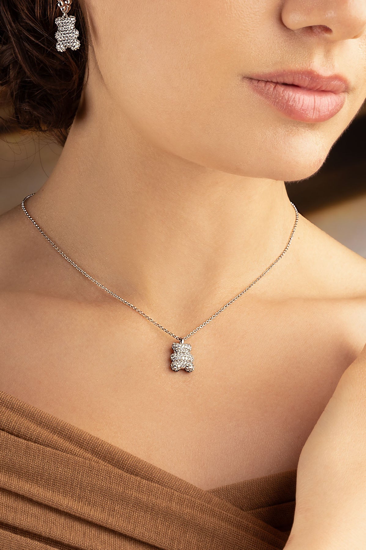 APM Monaco Baby Mood Yummy Bear Adjustable Necklace in Silver worn on neck