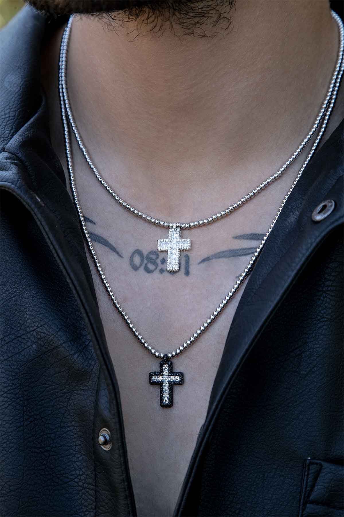 APM Monaco Black Pavé Cross Adjustable Necklace with Beads in Silver