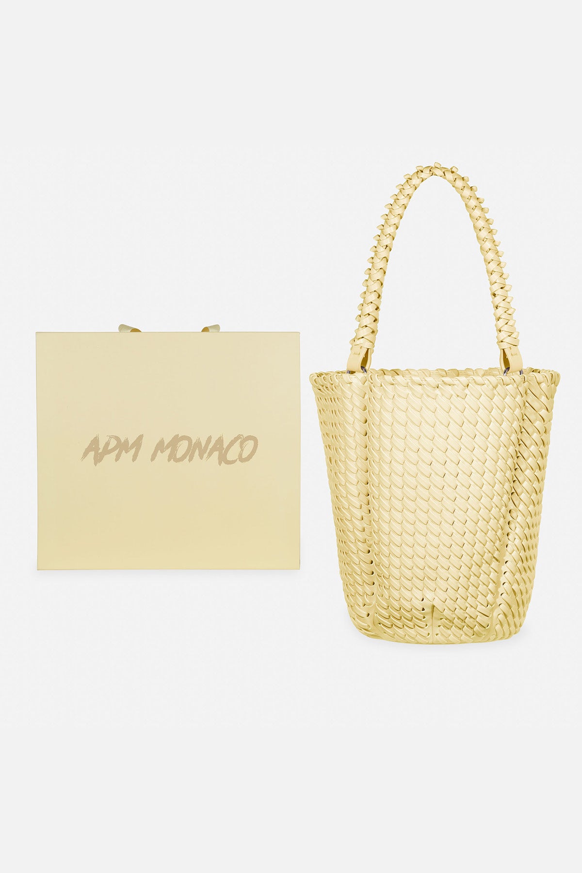 APM MONACO bucket yellow handbag on a white background