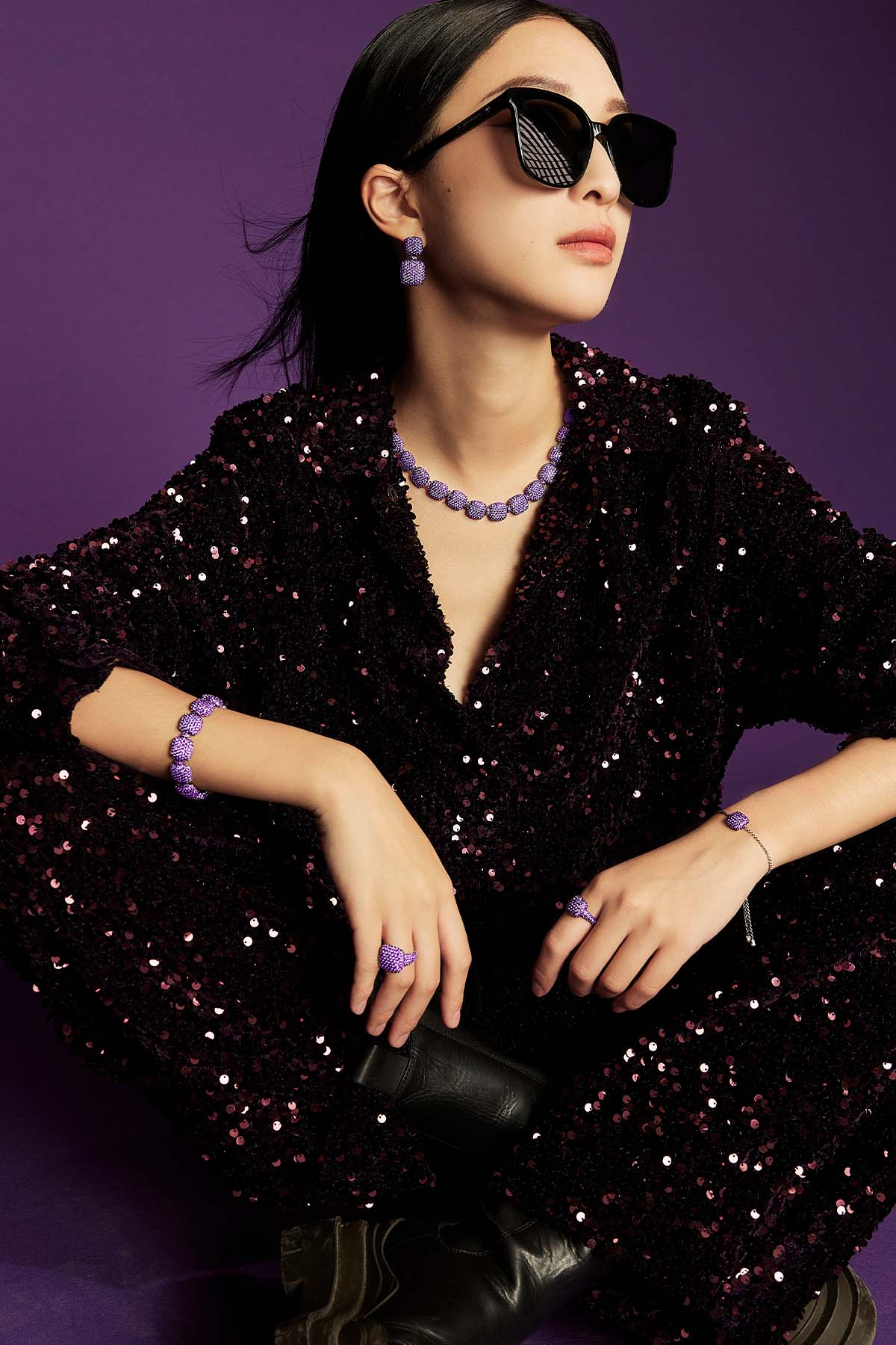 APM Monaco Purple Square Earrings in Silver