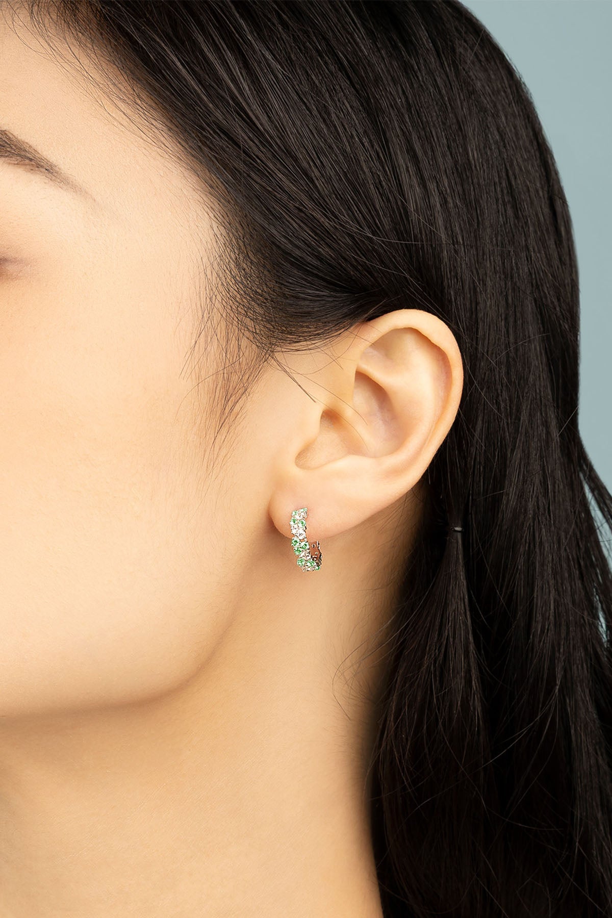 APM Monaco Pastel Green Drop Huggie Earrings in silver
