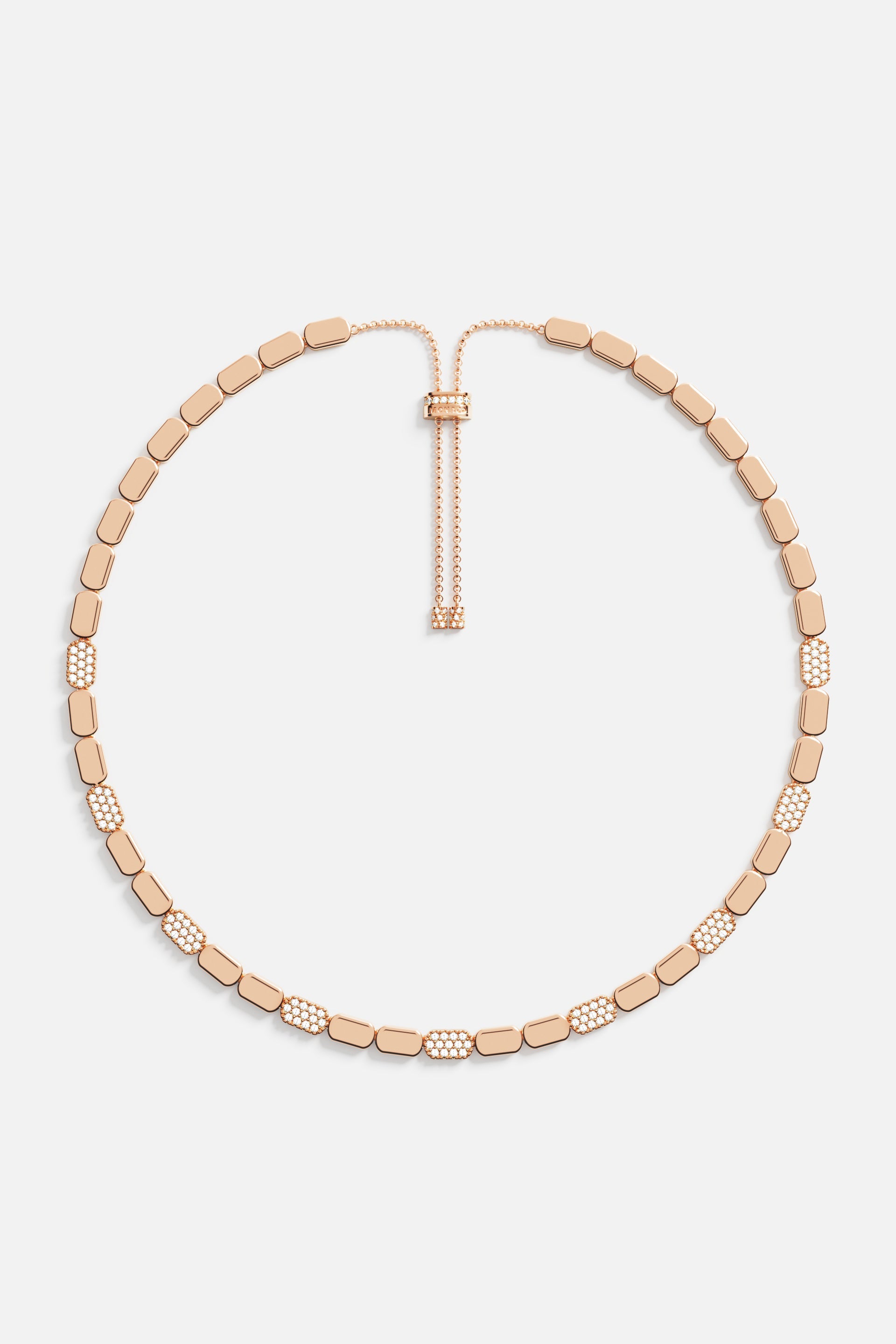Necklaces APM Monaco, rose gold adjustable chain with rectangular links, some pavé-set diamonds.