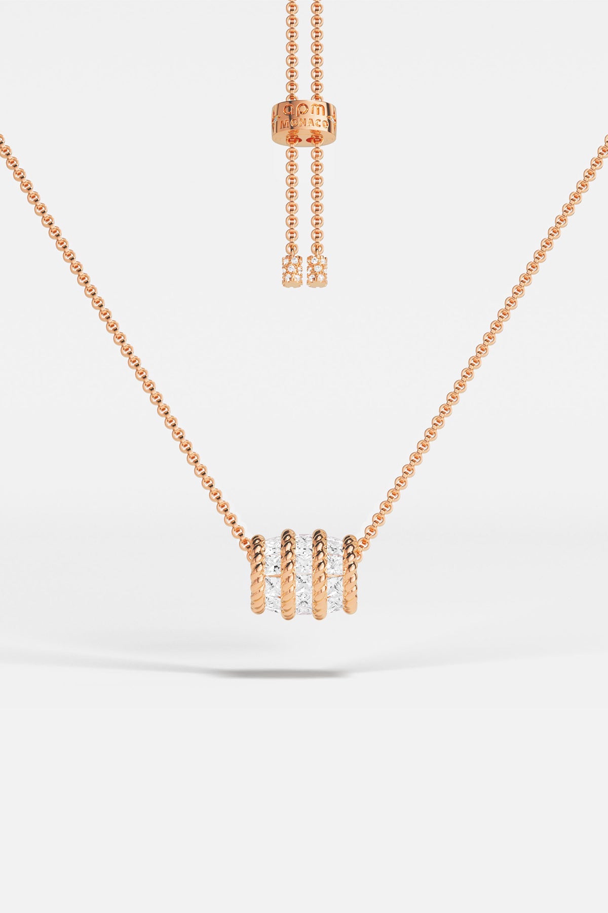 APM MONACO Torsade Adjustable necklace in rose gold on white background