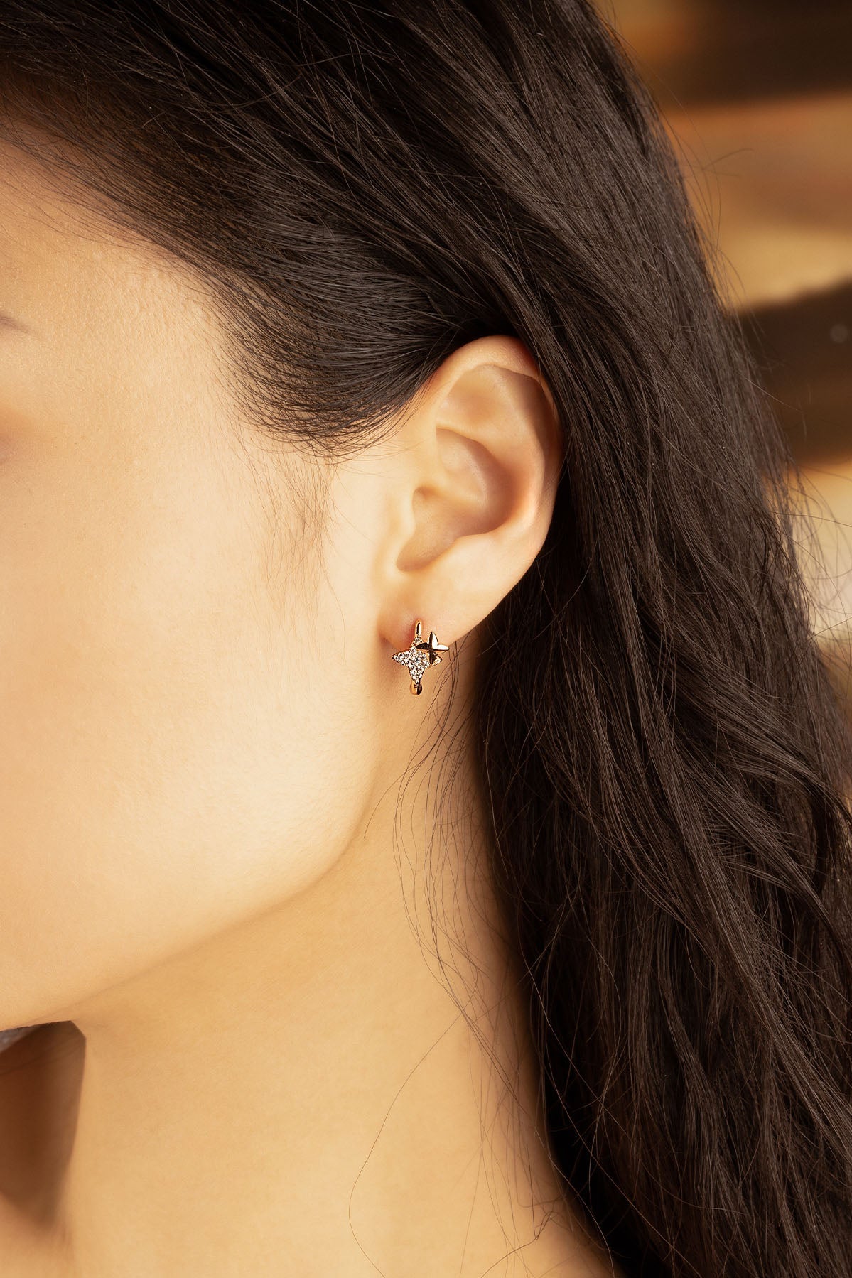APM Monaco Météorites Rose Gold Square Hoop Earrings in Rose Gold worn on ear