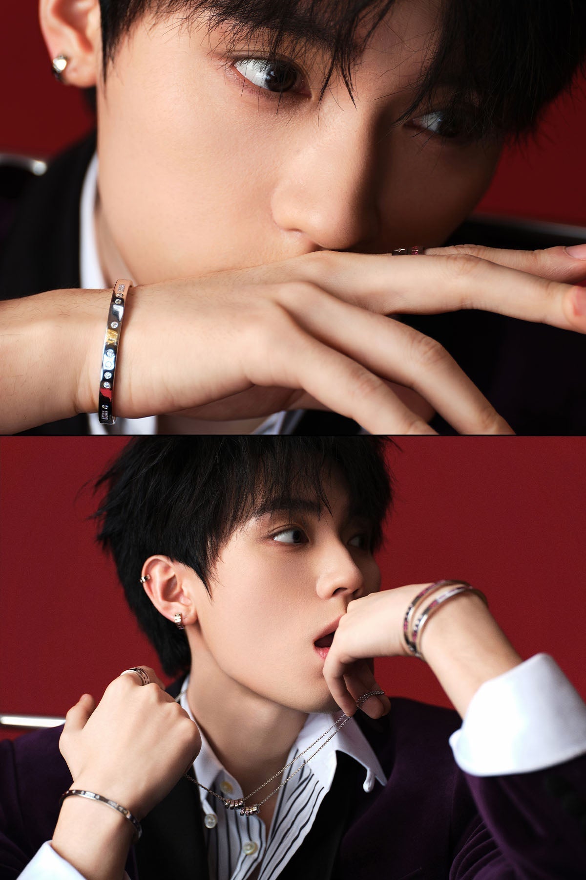 Two close-up shots of a person with jewelry on against a red background