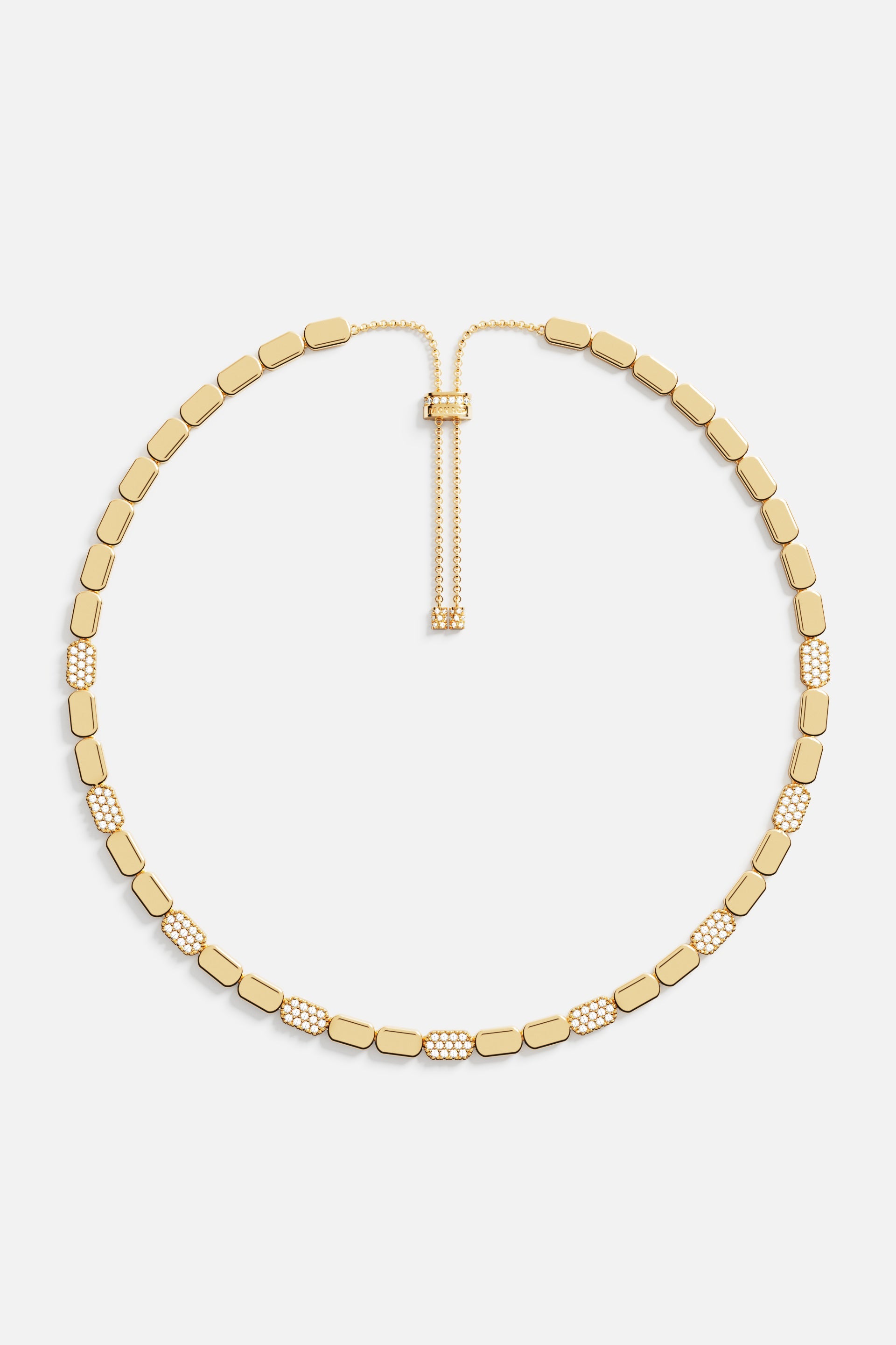 Necklaces APM Monaco: yellow gold dainty chain with rectangular links, some set with white stones, and an adjustable back chain.