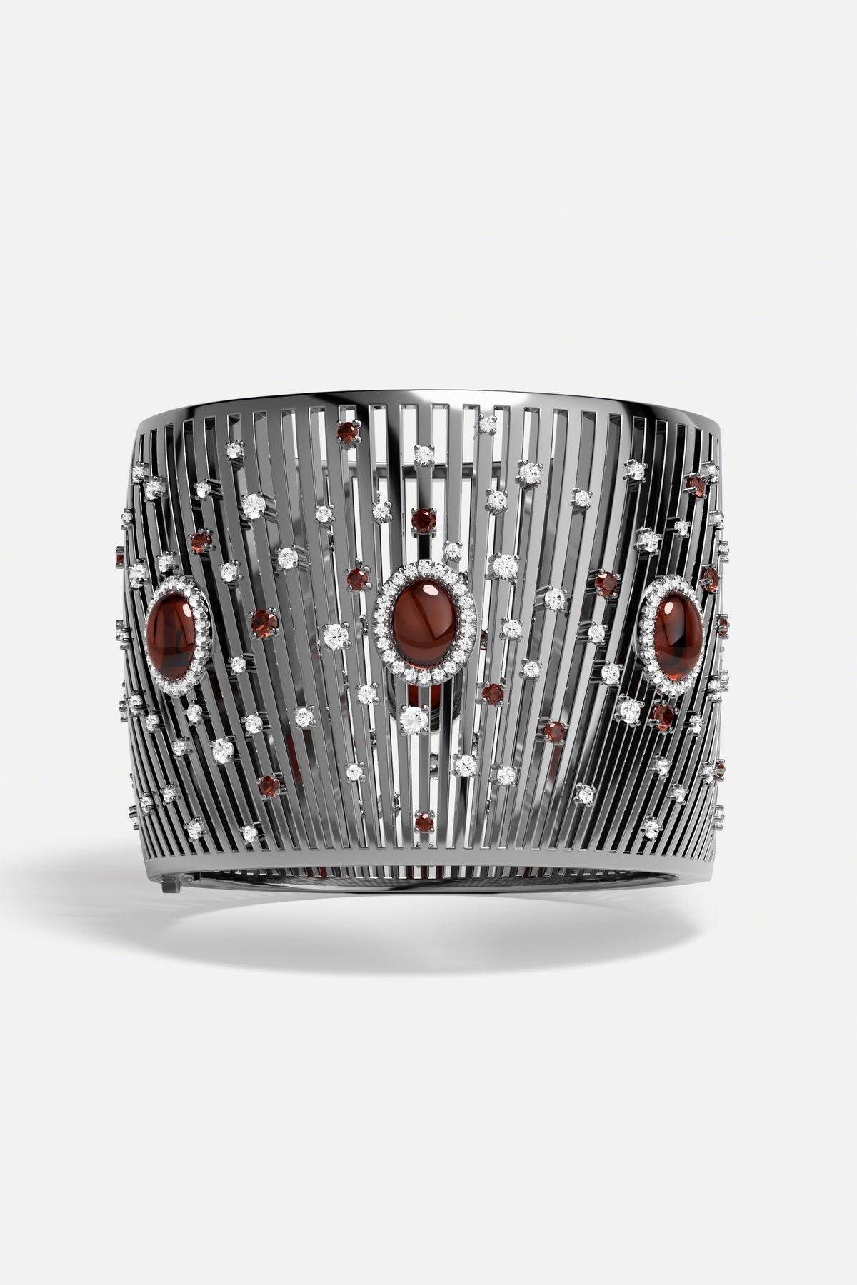 APM Cuff Bracelet, a bold architectural statement scattered with deep red brilliance.