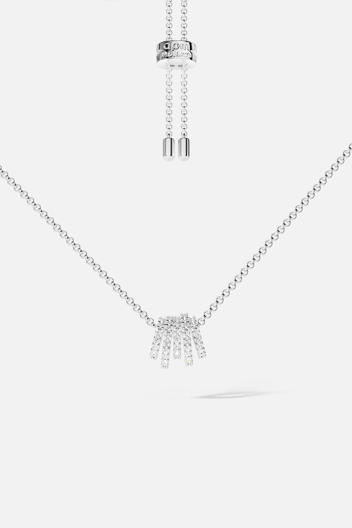 APM adjustable necklace in rhodium finish, a radiant burst of everyday elegance.