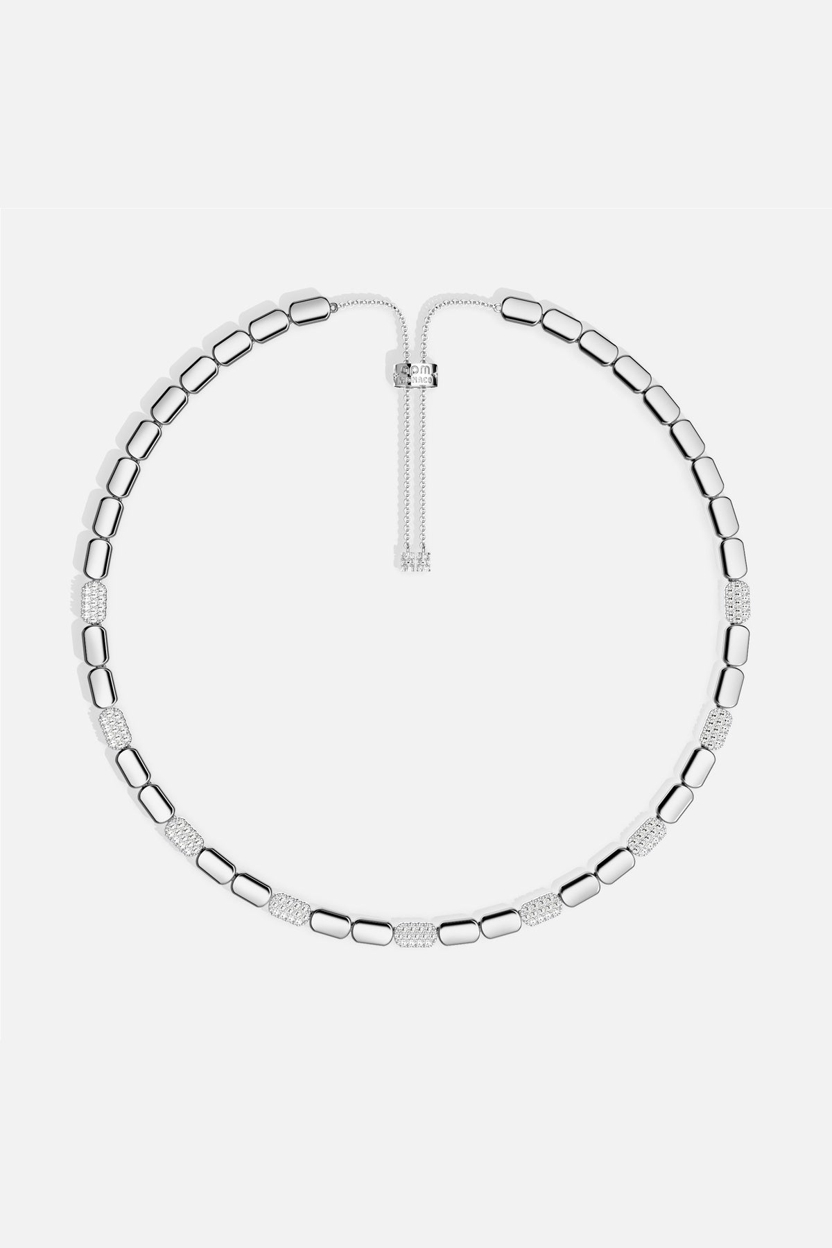 APM Necklace in rhodium finish, sleek beads and shimmering accents for effortless modern elegance.