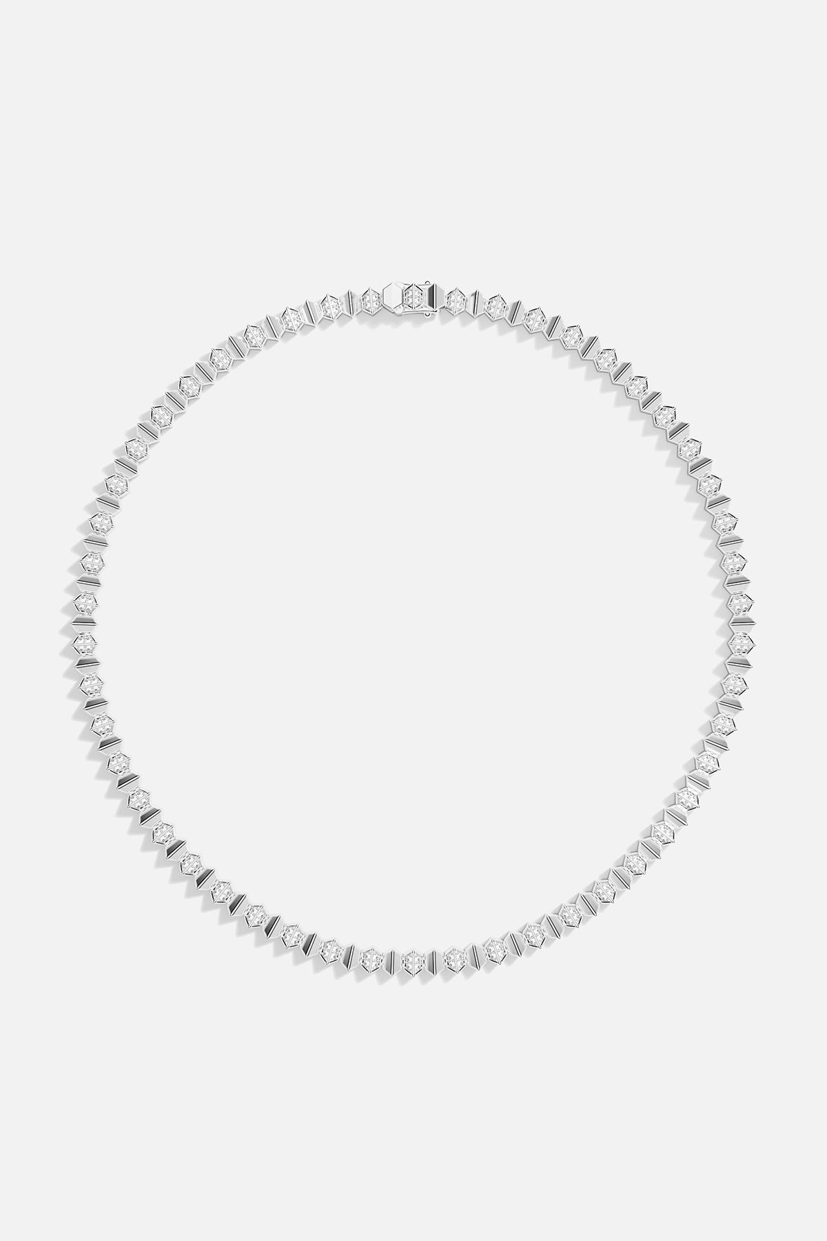 APM Necklace, a luminous rhythm of hexagons in rhodium finish.
