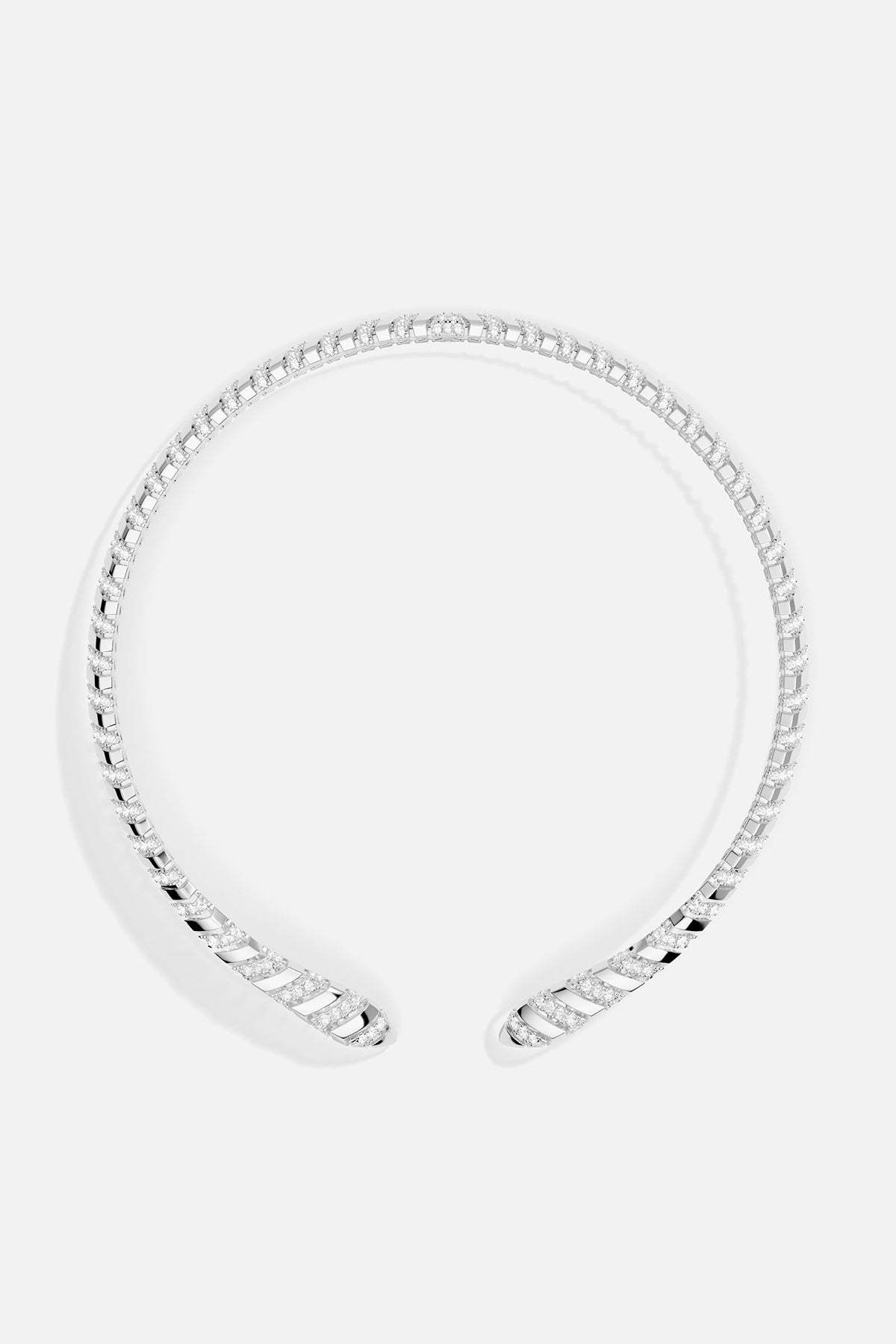 APM open collar necklace in rhodium finish, sparkling with quiet modern elegance.