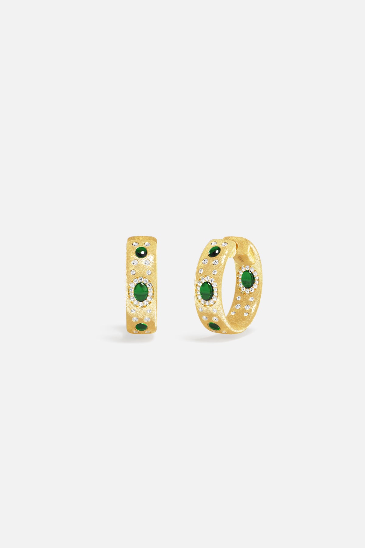 APM Hoop Earrings in golden hue, kissed with emerald green and starry sparkle.