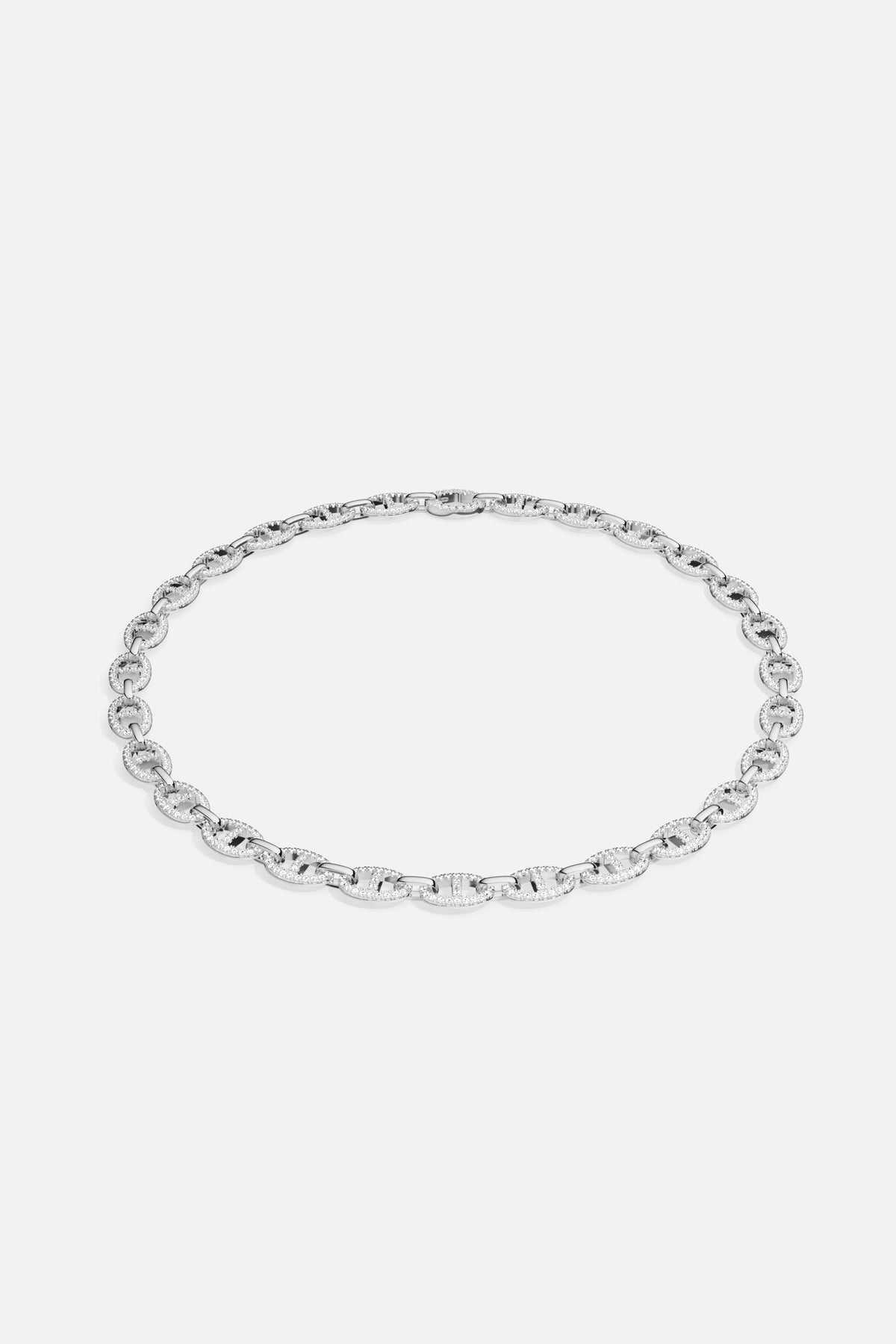 APM Chain Necklace, a luminous rhodium finish flowing with effortless modern allure.