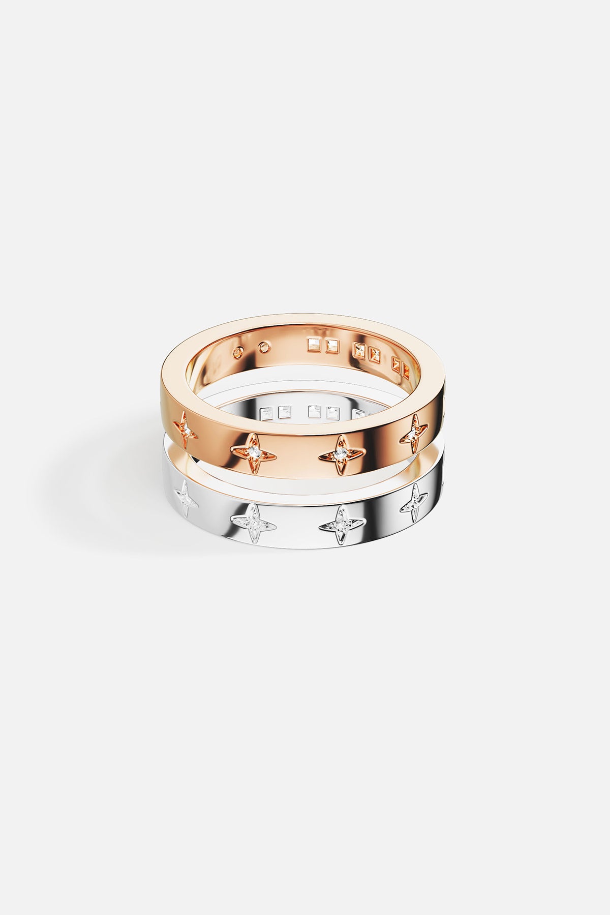 APM Rings duo in rhodium finish and rose colors, softly starlit elegance.