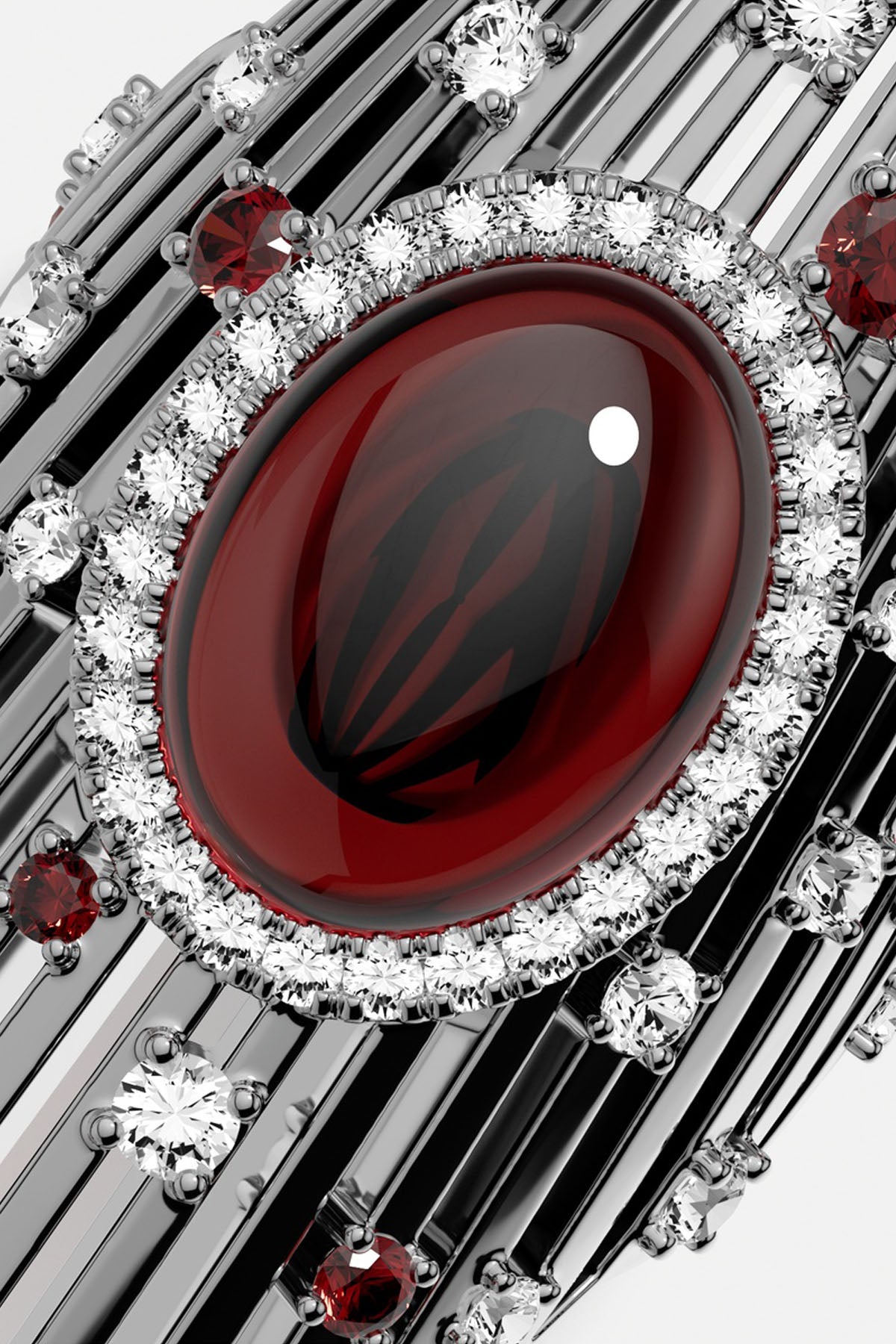APM ring with a deep red cabochon, radiant and boldly romantic.
