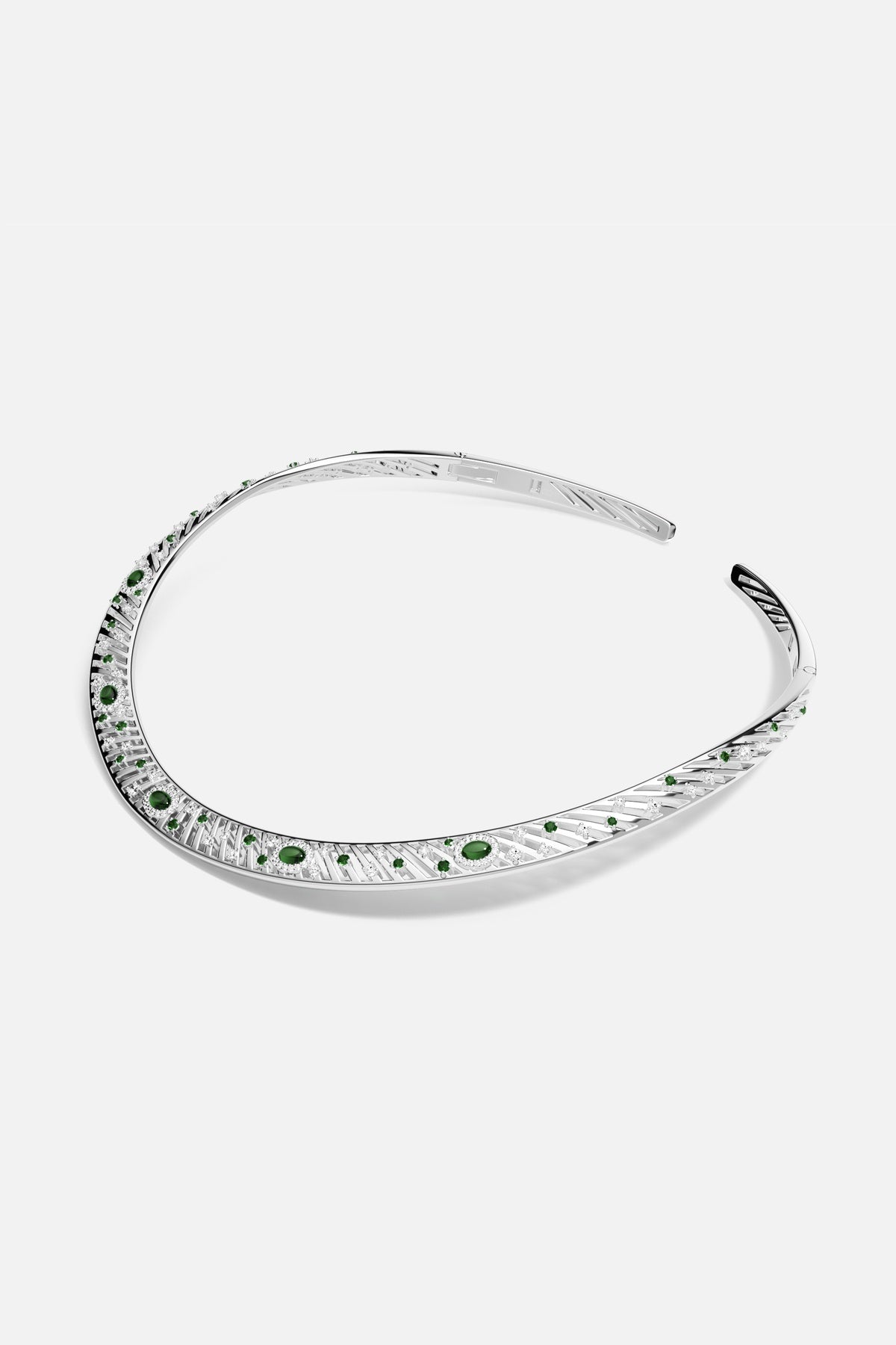 APM Choker Necklace, a sculptural curve scattered with green stones, effortlessly modern.
