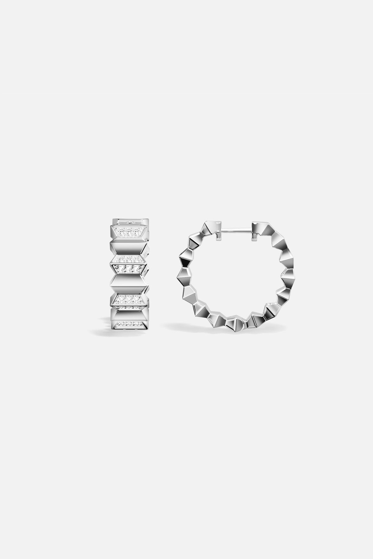 APM Hoop Earrings, faceted edges in rhodium finish, sculpted for modern allure.