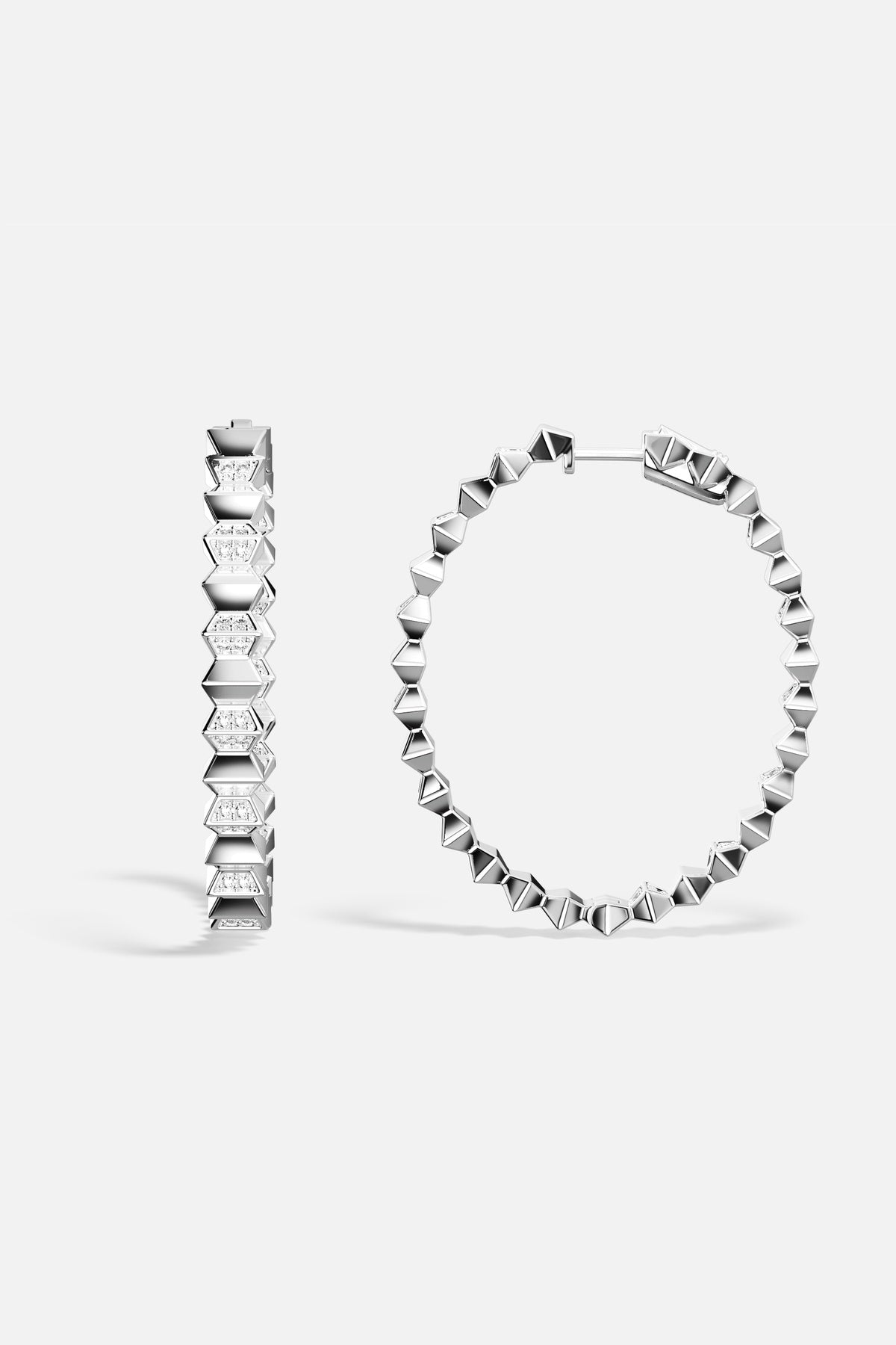 APM Hoop Earrings in rhodium finish, edgy studded allure with a luminous sparkle.