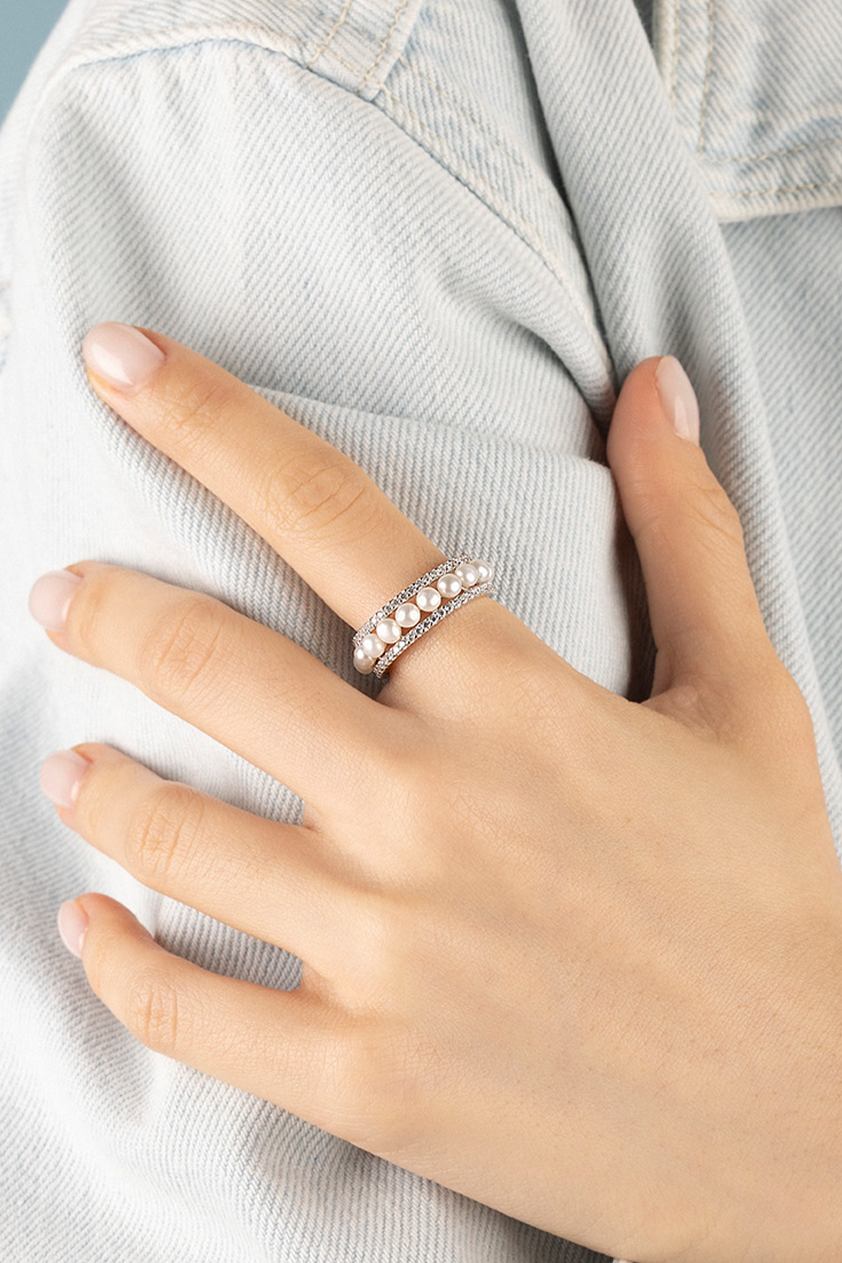 Double Paved Hoop Ring with Pearls