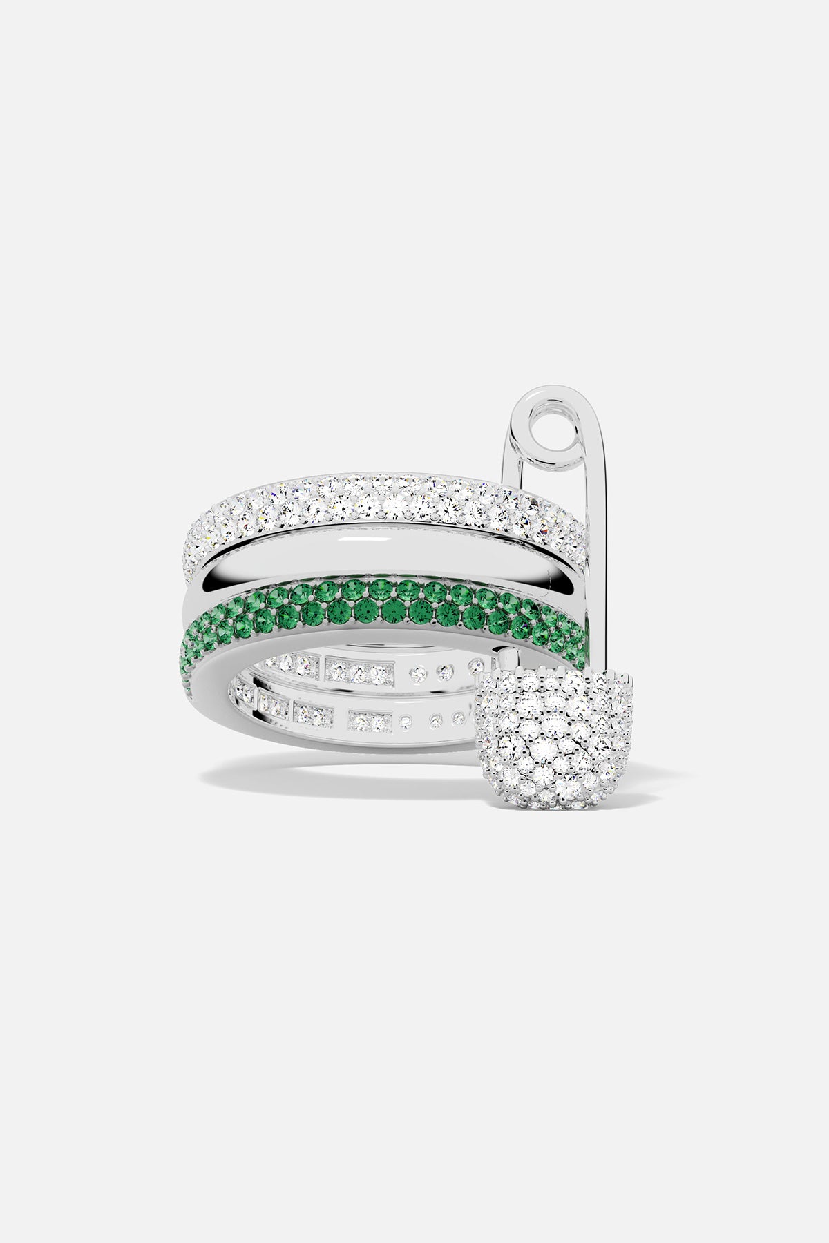 Silver ring with green and white stones on a white background