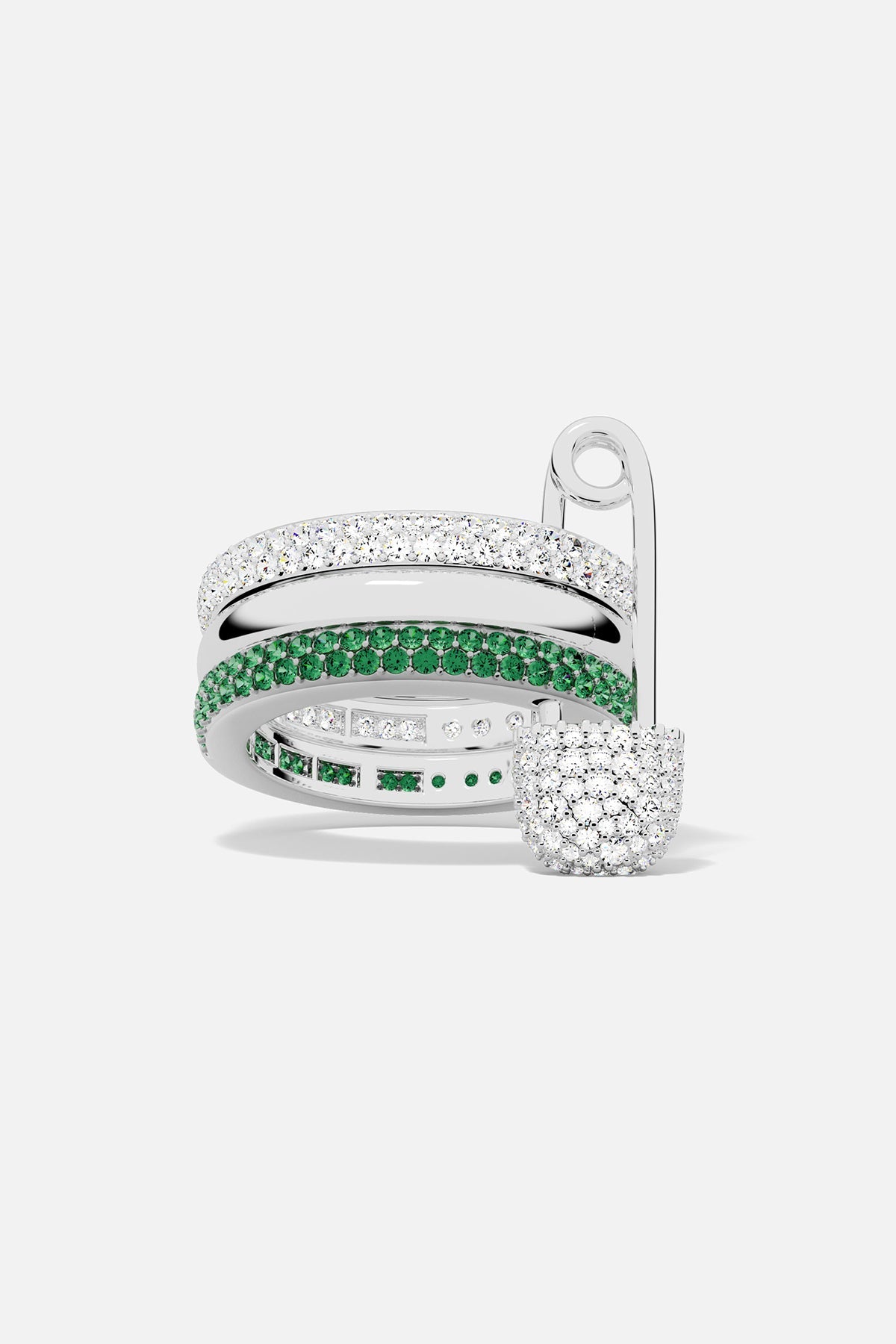 Silver ring with green and white stones on a white background