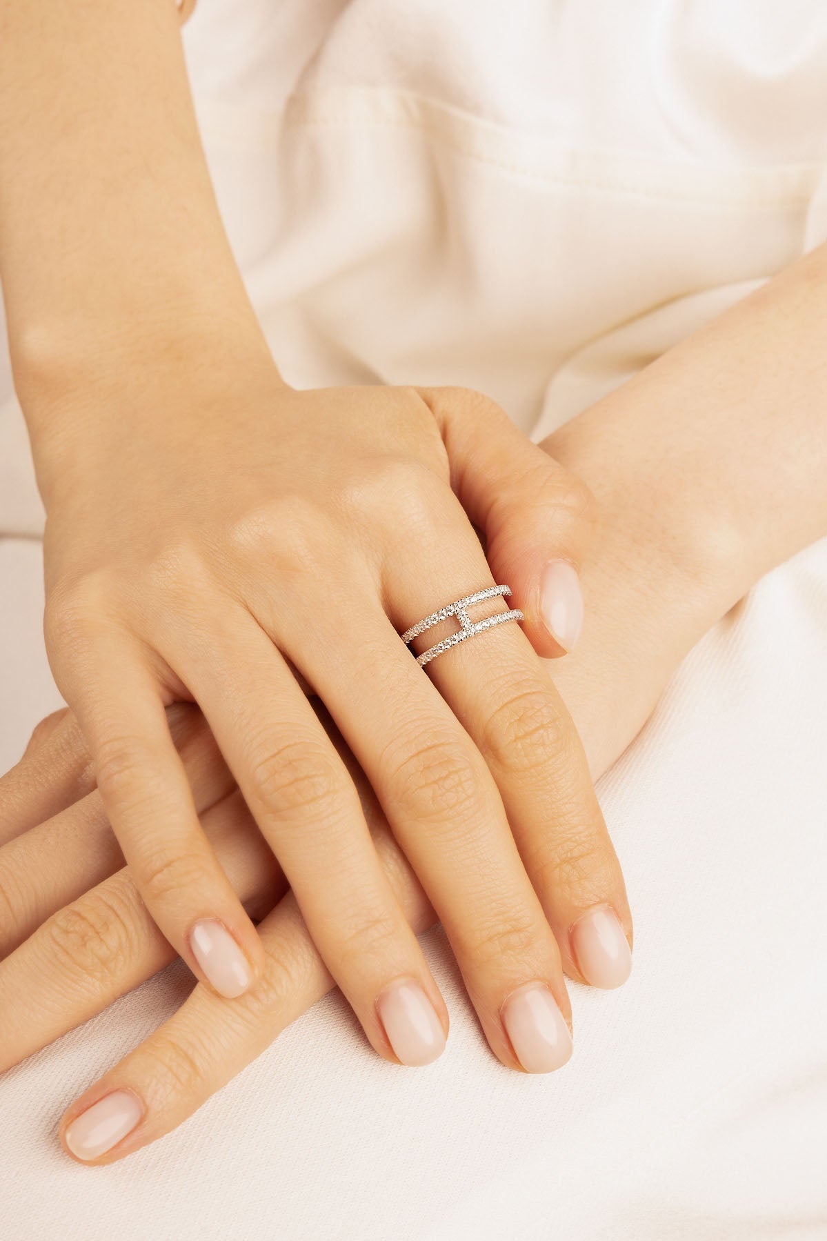 APM Monaco Double Line Pavé Ring in Silver worn on hand