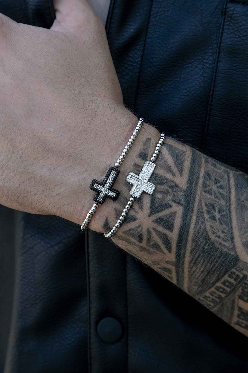 APM Monaco Black Cross Bracelet with beads in Silver