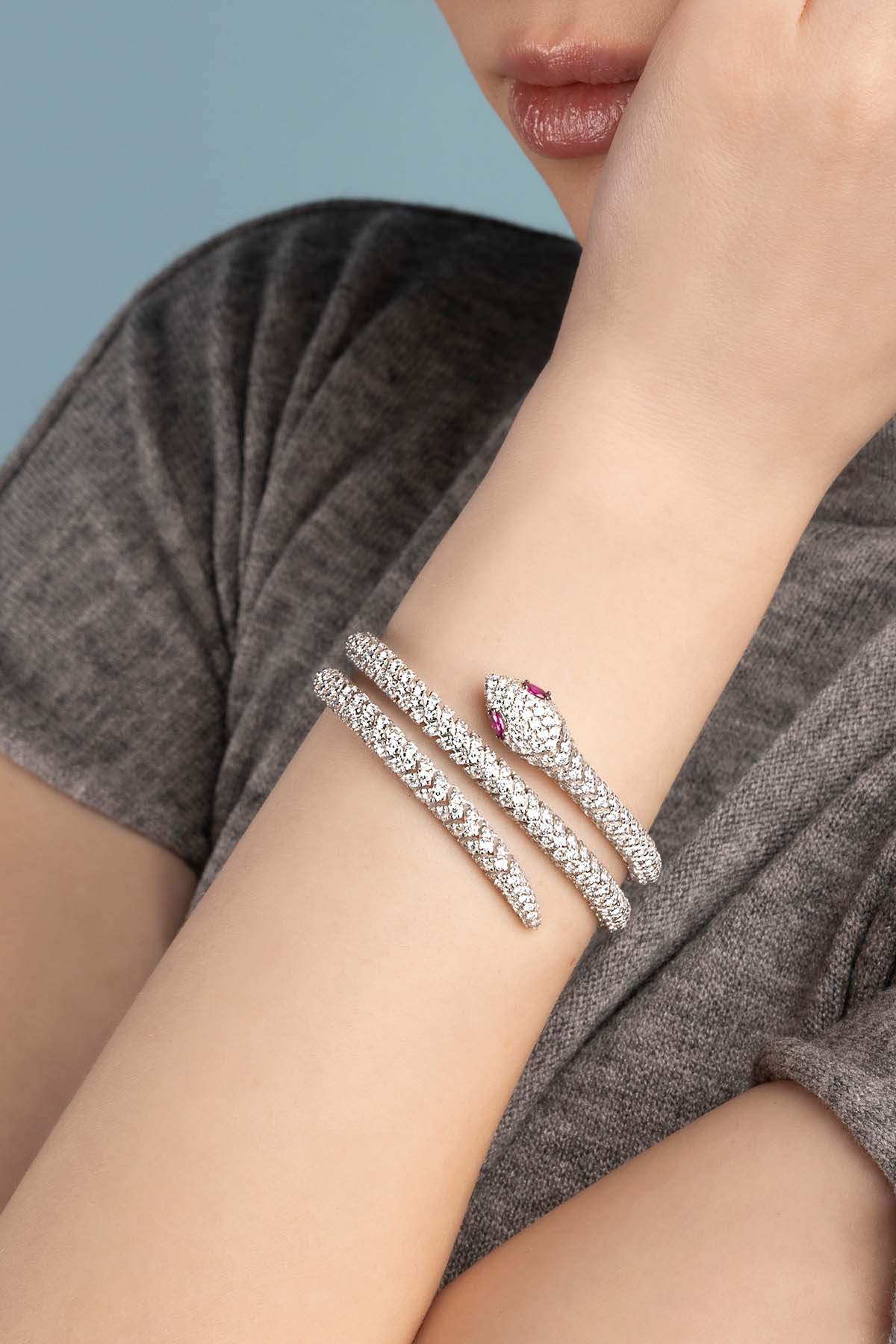 APM Monaco Pavé Kaa Double Wrap-Around Bangle in Silver