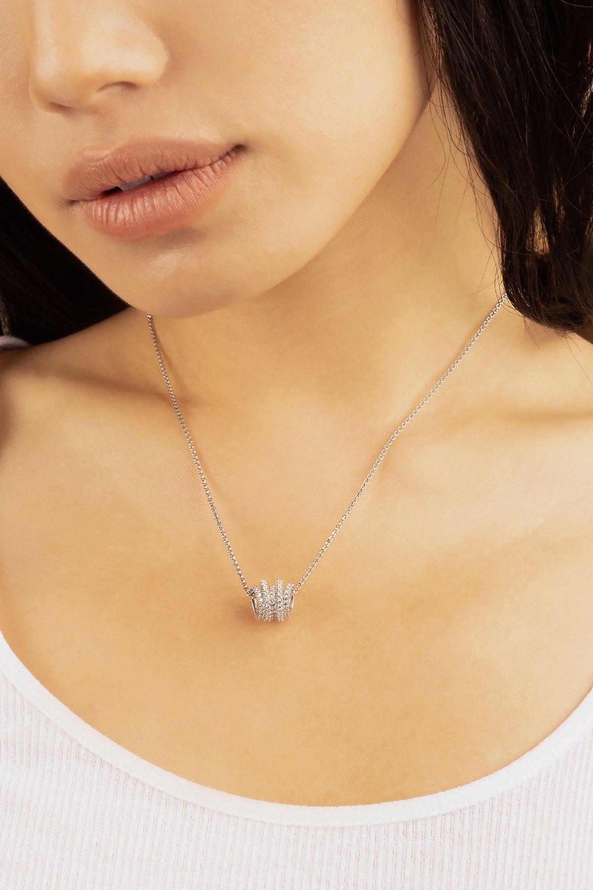 APM Monaco White Hoop Adjustable Necklace in Silver worn on neck