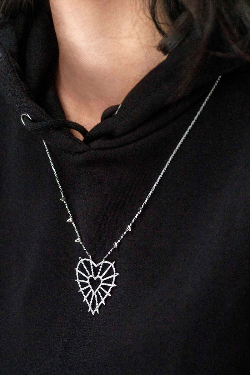 APM Monaco Spiked Geometric Heart Adjustable Necklace in Silver
