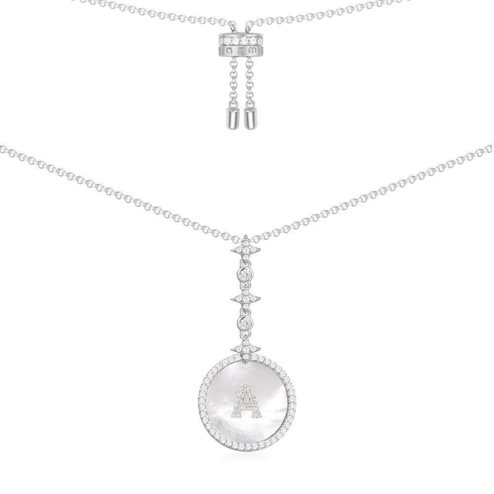 Necklaces APM Monaco: white metal chain with a circular pendant featuring an A initial, star charms, and white pavé crystals.