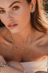 APM Monaco Pearl & Blue Stone Double Chain Adjustable Necklace in Yellow Gold