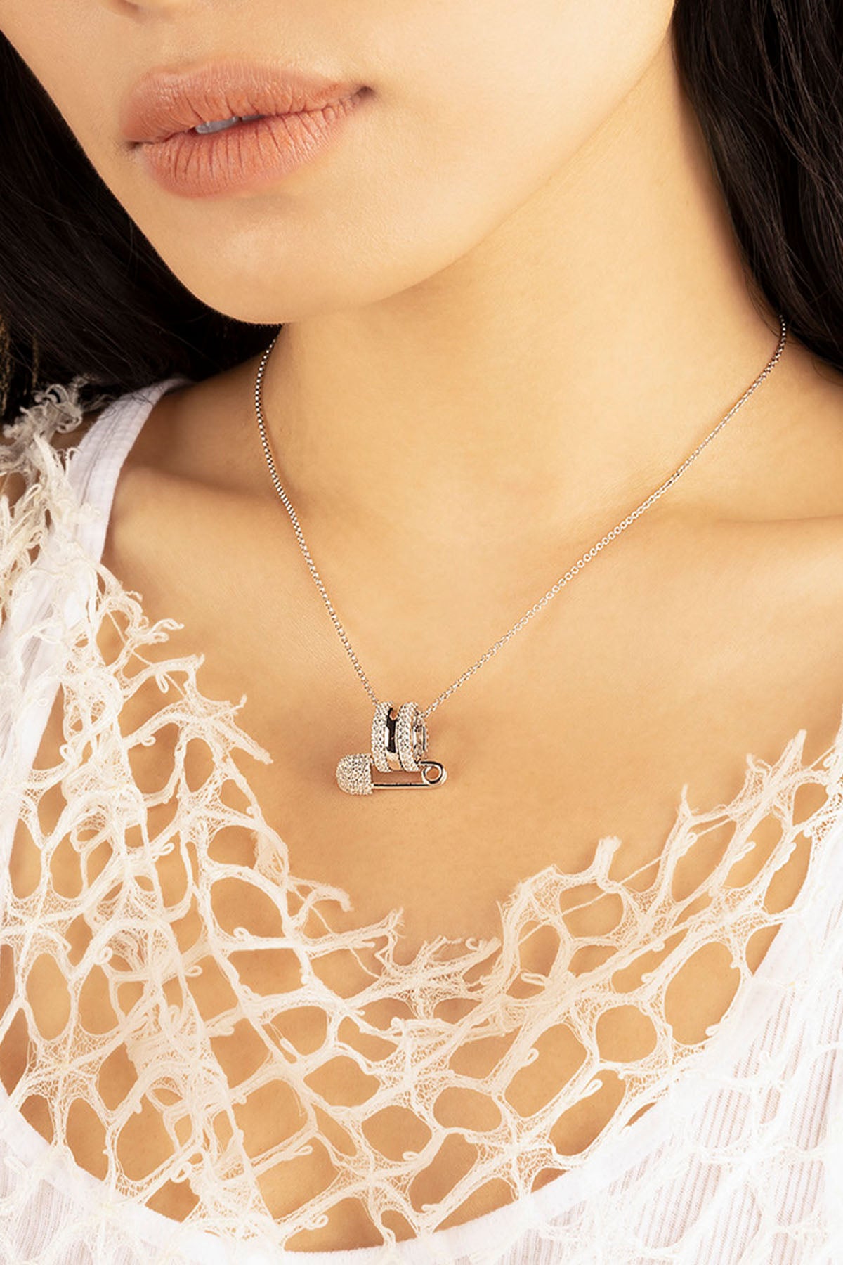 APM Monaco Safety Pin Adjustable Necklace in Silver 