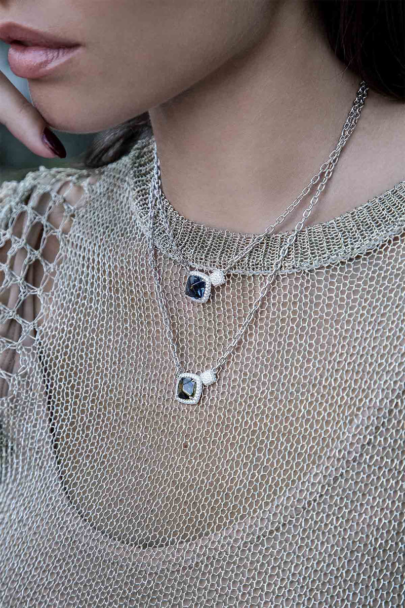 APM Monaco Blue Square Adjustable Chain Necklace in Silver