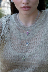 APM Monaco Blue Pavé Cross Adjustable Necklace in Silver